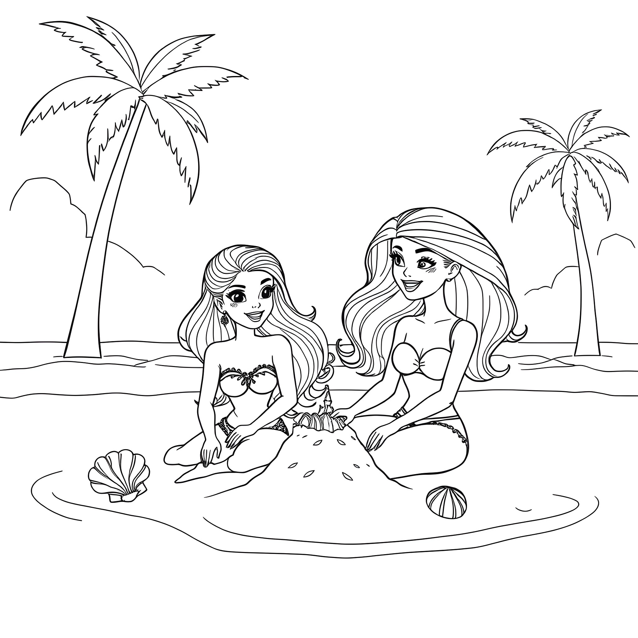 Barbie friends enjoying the beach together Coloring Page (free black-and-white line drawing printable PDF for all, from beginners to advanced learners, including children, teens, adults, and seniors)