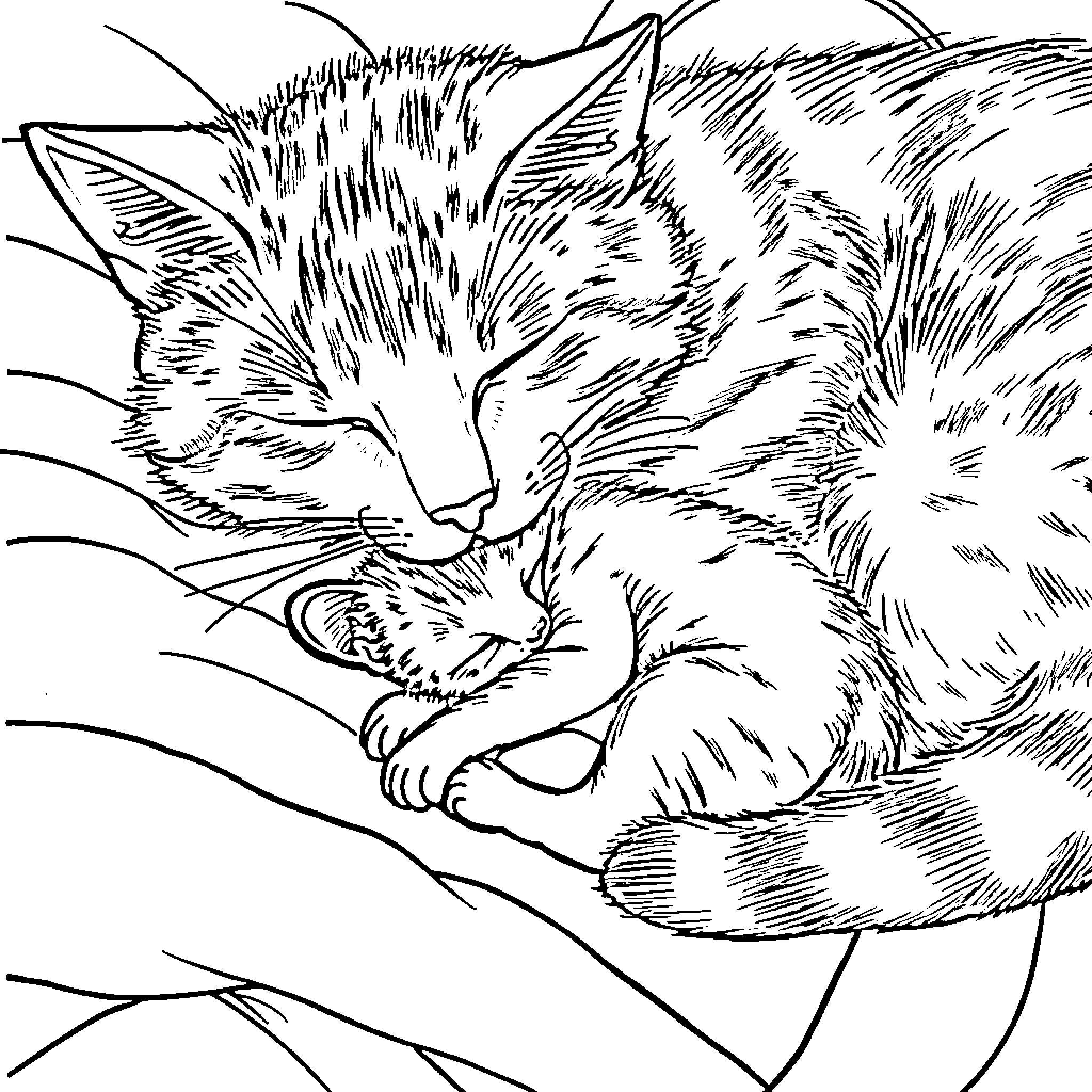 Kitten curled up and sleeping peacefully Coloring Page (free black-and-white line drawing printable PDF for all, from beginners to advanced learners, including children, teens, adults, and seniors)