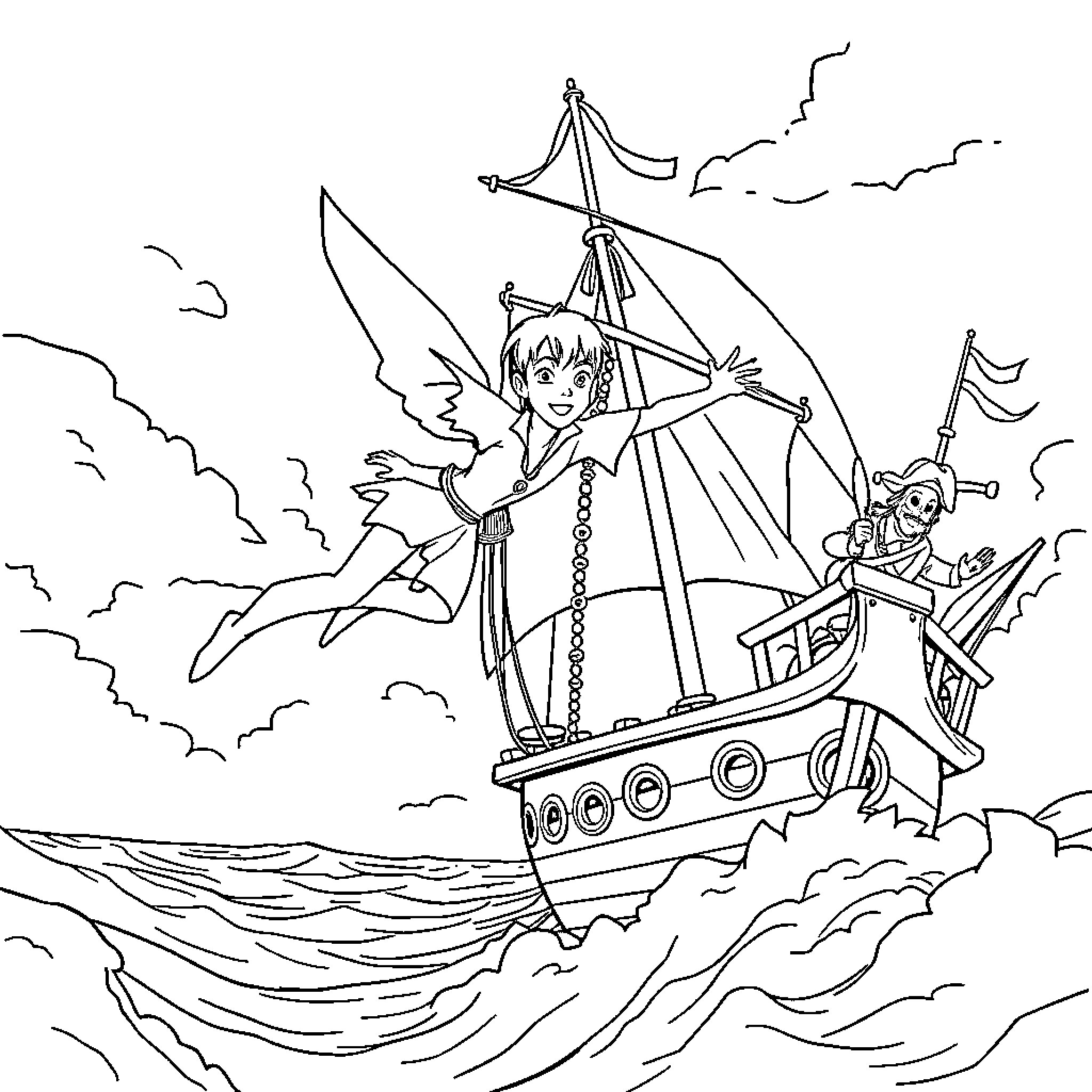 Peter Pan sailing on a pirate ship with Tinker Bell Coloring Page (free black-and-white line drawing printable PDF for all, from beginners to advanced learners, including children, teens, adults, and seniors)