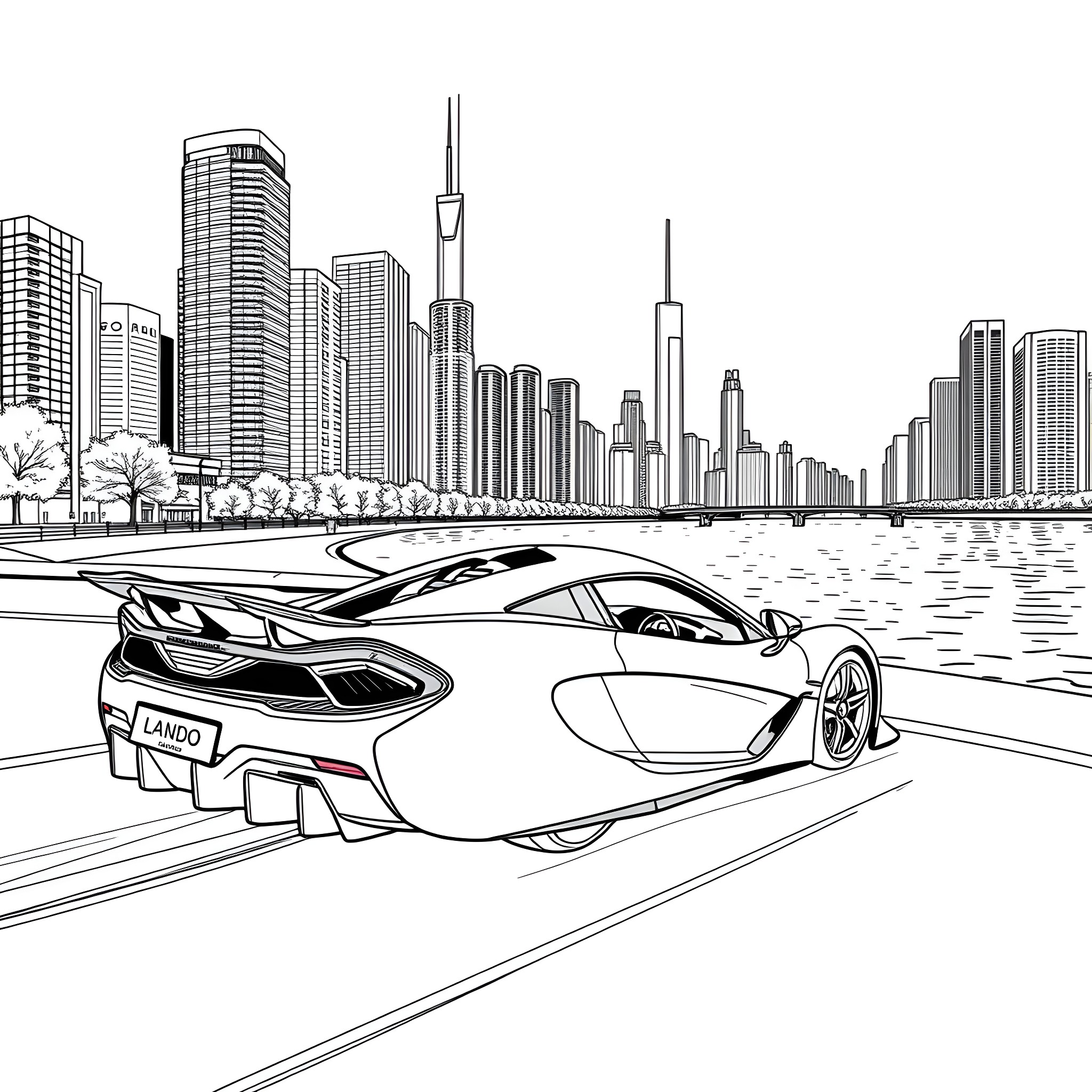 Lando Norris' supercar on a city road Coloring Page (free black-and-white line drawing printable PDF for all, from beginners to advanced learners, including children, teens, adults, and seniors)