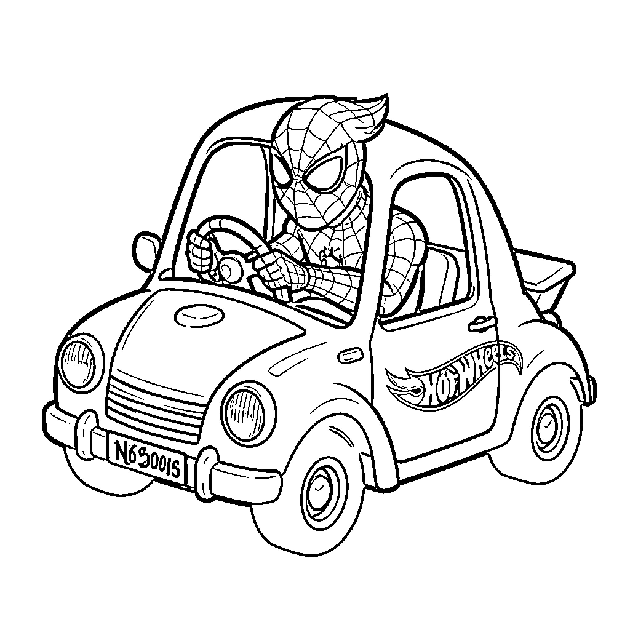 Spider-Man driving a small toy car Coloring Page (free black-and-white line drawing printable PDF for all, from beginners to advanced learners, including children, teens, adults, and seniors)