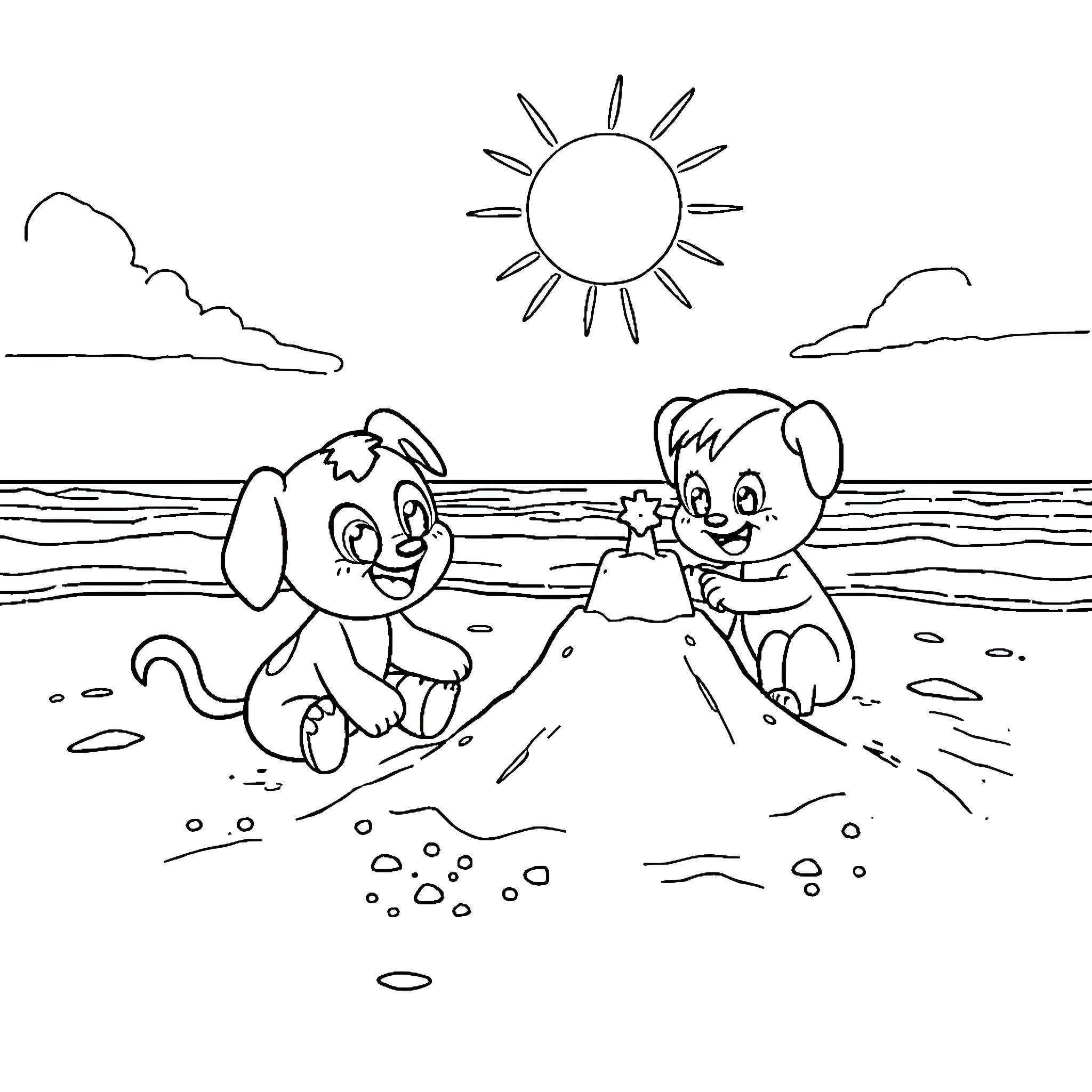Bluey and friend playing on the beach Coloring Page (free black-and-white line drawing printable PDF for all, from beginners to advanced learners, including children, teens, adults, and seniors)