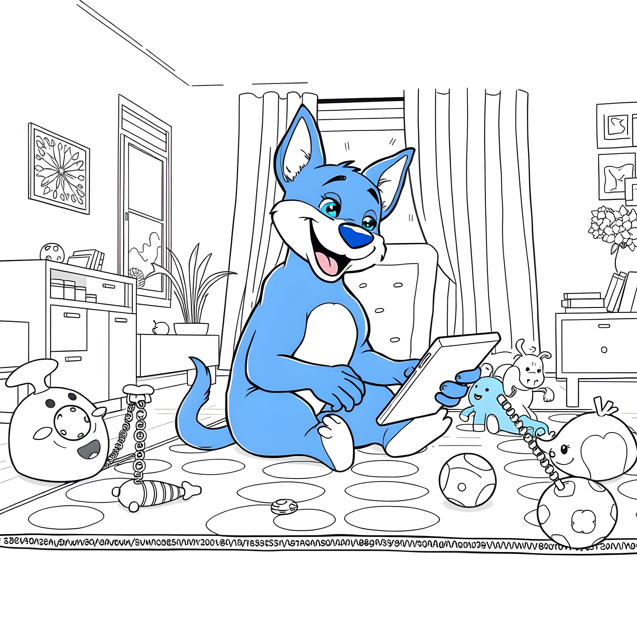 Bluey playing happily with toys in the room Coloring Page (free black-and-white line drawing printable PDF for all, from beginners to advanced learners, including children, teens, adults, and seniors)
