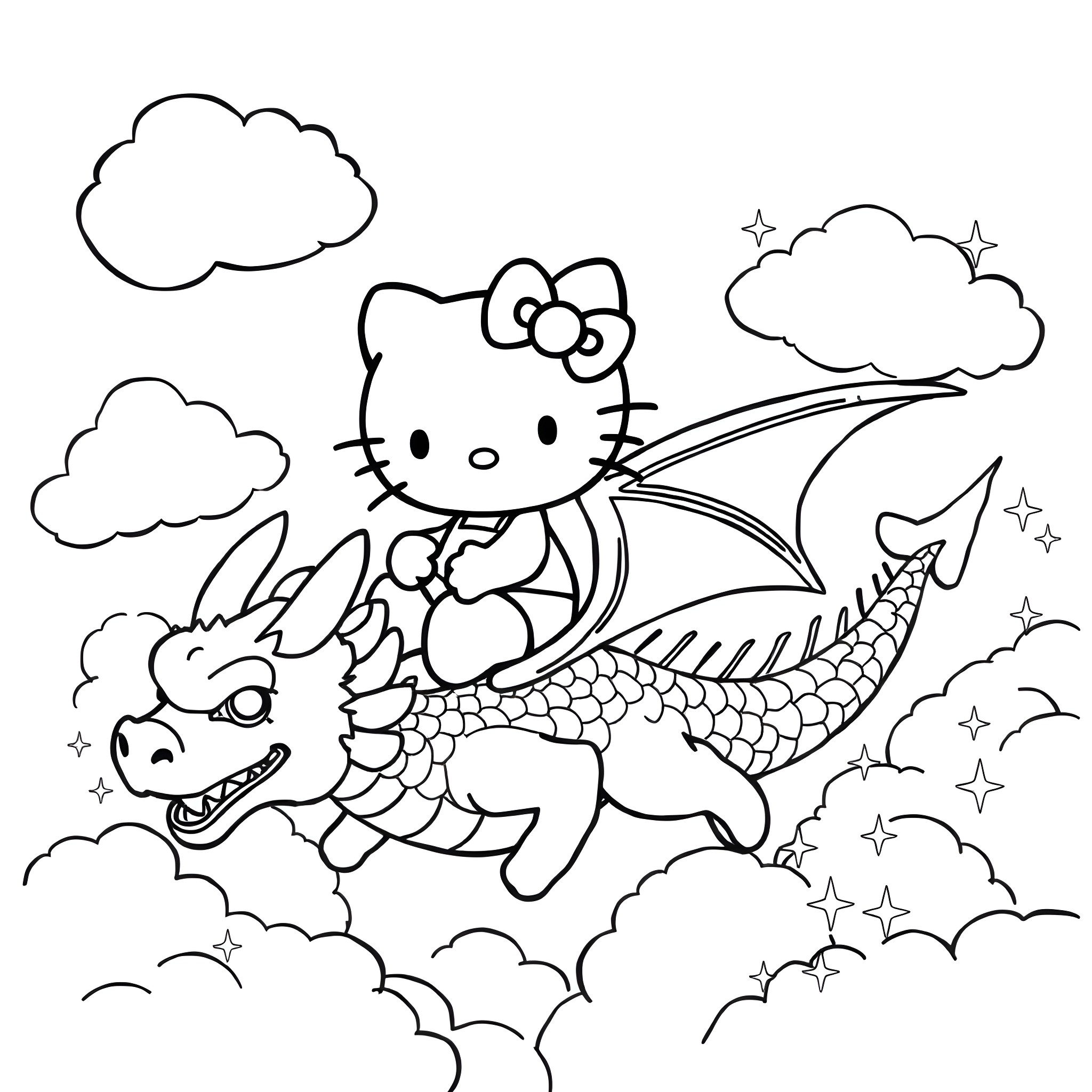 Hello Kitty riding a magical dragon in the clouds Coloring Page (free black-and-white line drawing printable PDF for all, from beginners to advanced learners, including children, teens, adults, and seniors)