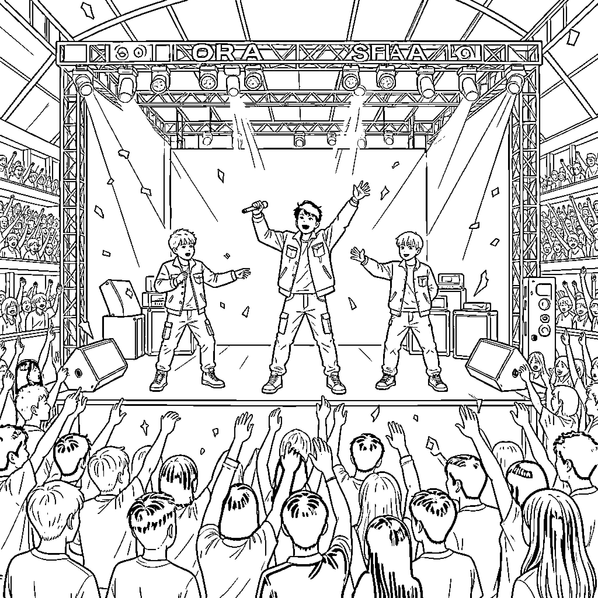 Saha Boys Performing on Stage to Cheering Crowd Coloring Page (free black-and-white line drawing printable PDF for all, from beginners to advanced learners, including children, teens, adults, and seniors)