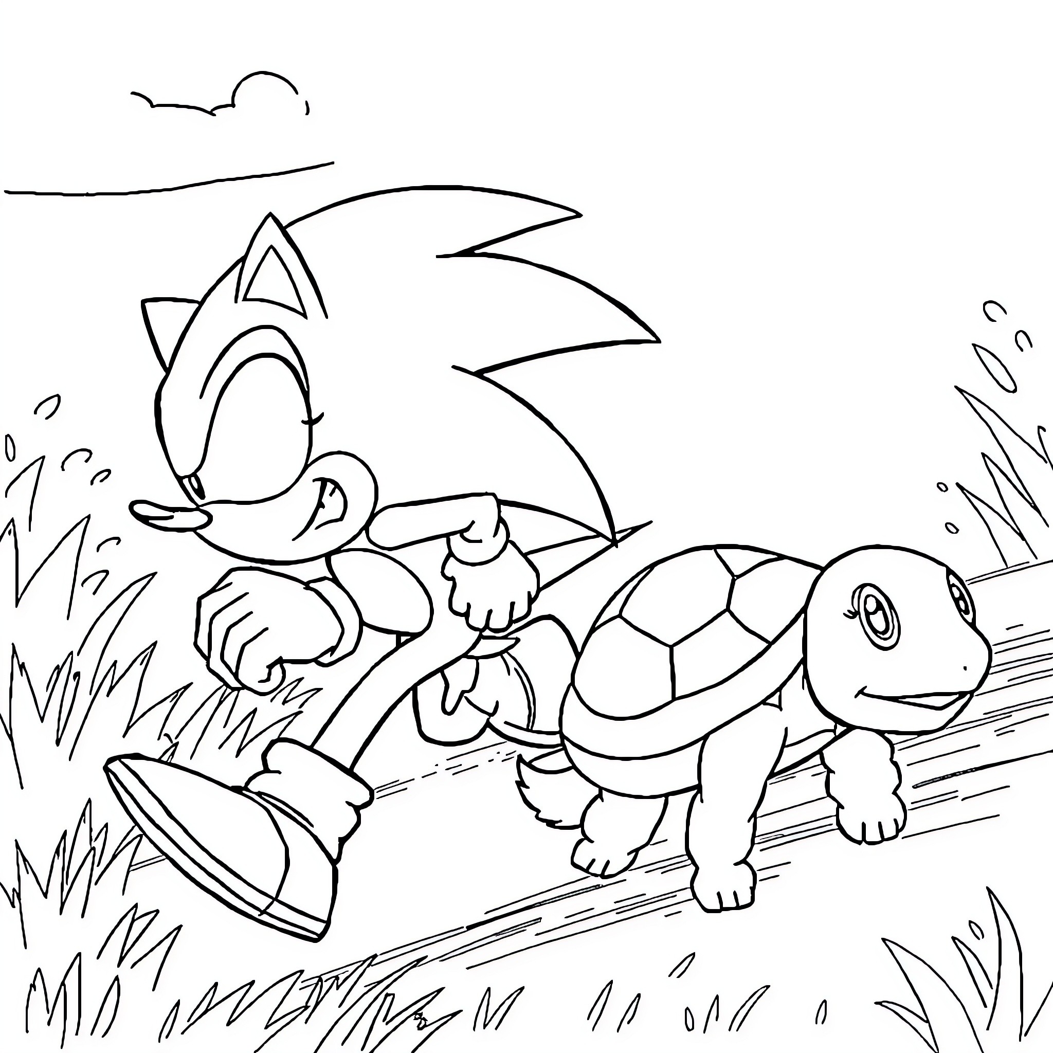 Sonic racing with a friendly turtle Coloring Page (free black-and-white line drawing printable PDF for all, from beginners to advanced learners, including children, teens, adults, and seniors)