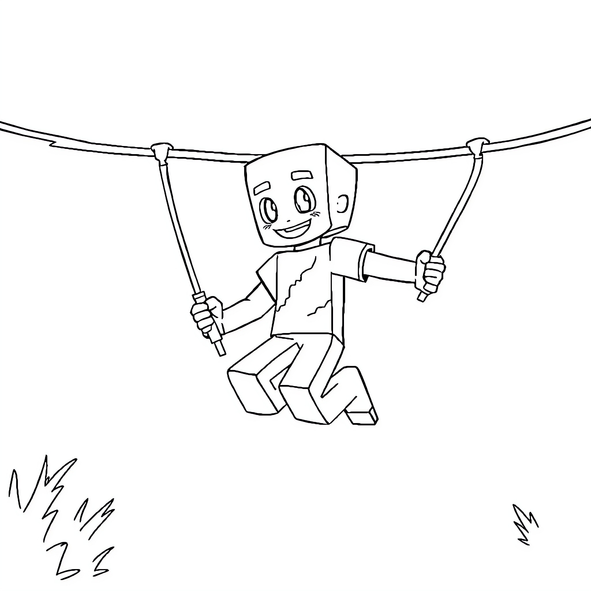 Minecraft Character Swinging on Zip Line Coloring Page (free black-and-white line drawing printable PDF for all, from beginners to advanced learners, including children, teens, adults, and seniors)