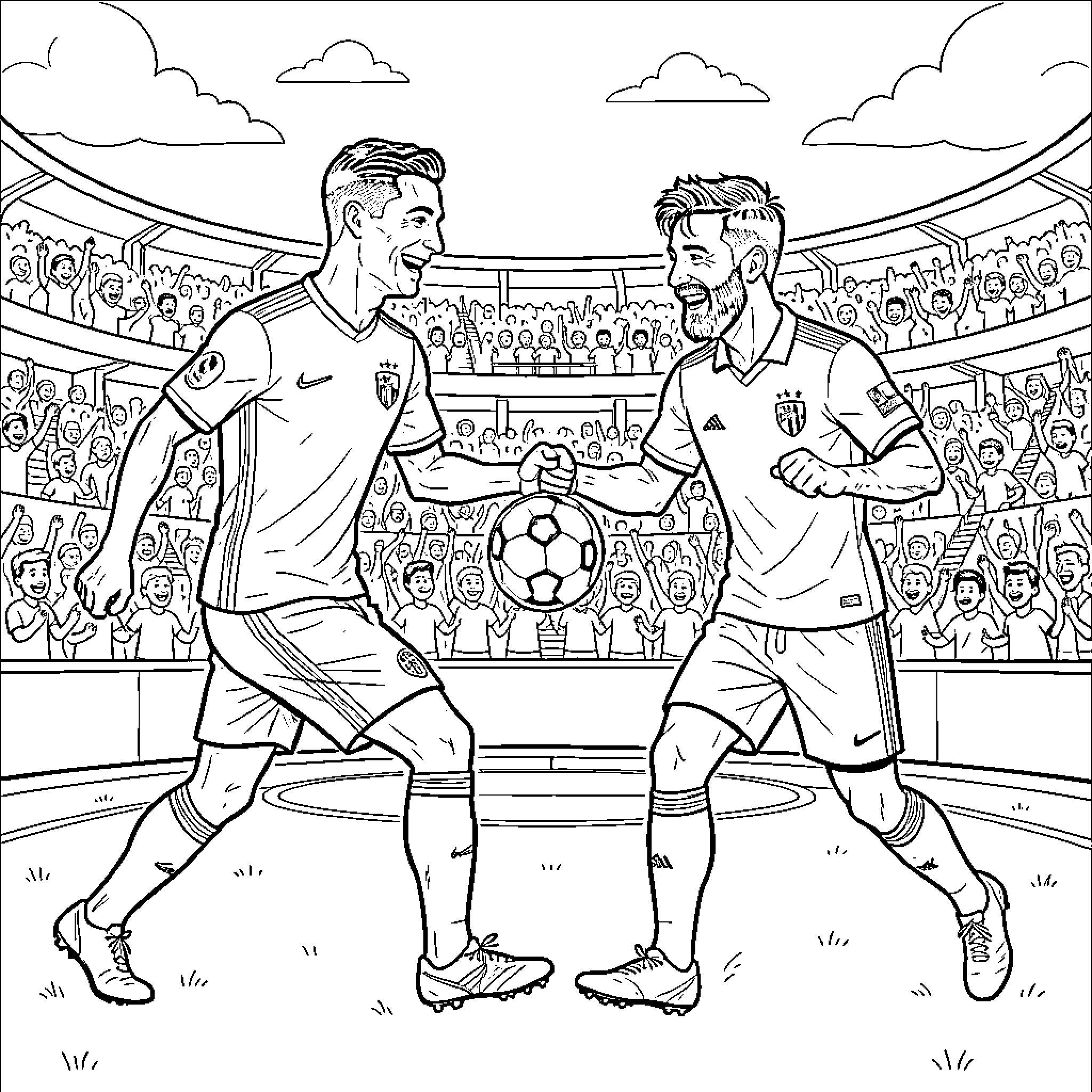 Cristiano Ronaldo and Lionel Messi competing on the soccer field Coloring Page (free black-and-white line drawing printable PDF for all, from beginners to advanced learners, including children, teens, adults, and seniors)