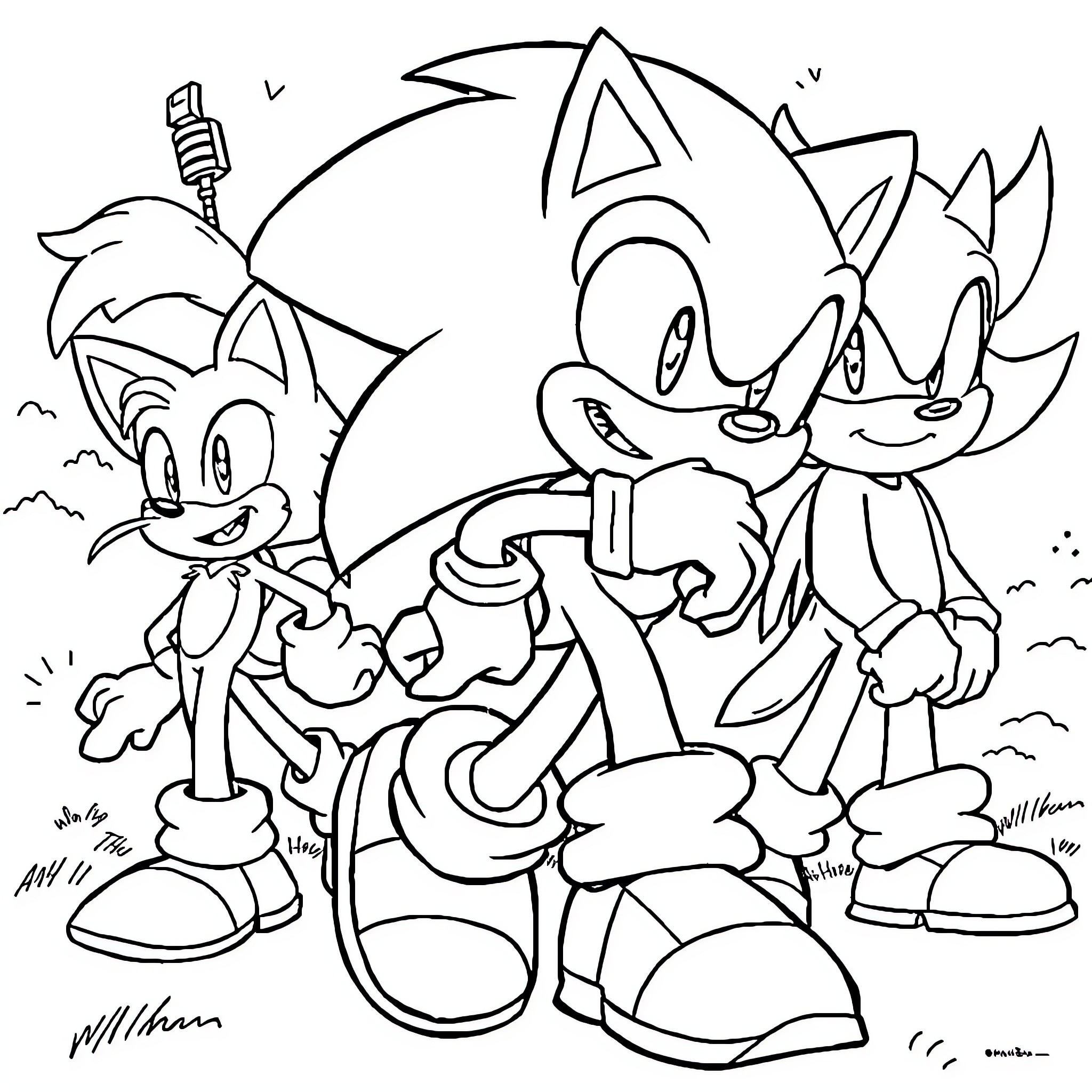 Sonic and his friends on an adventure Coloring Page (free black-and-white line drawing printable PDF for all, from beginners to advanced learners, including children, teens, adults, and seniors)
