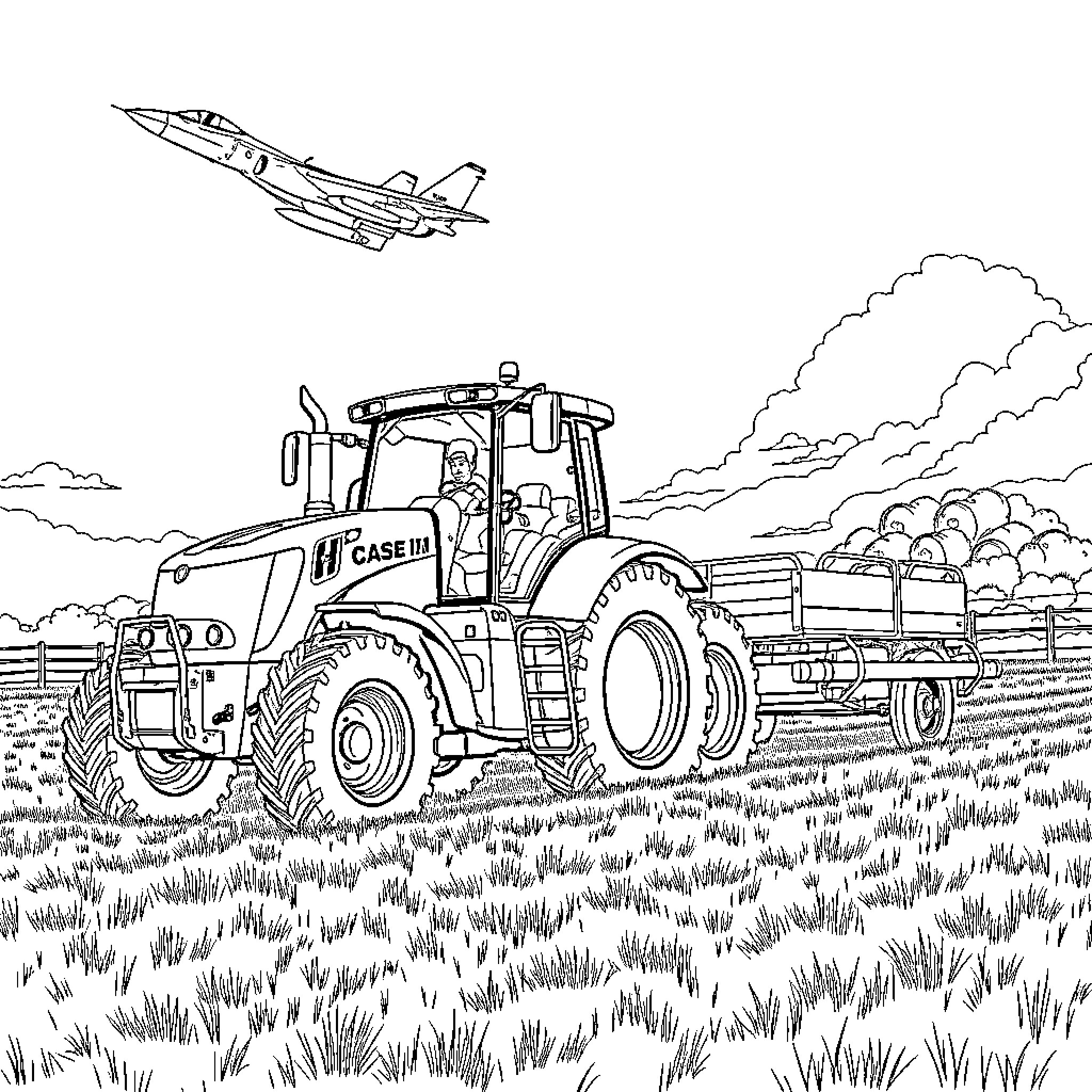 Tractor harvesting crops in rural countryside Coloring Page (free black-and-white line drawing printable PDF for all, from beginners to advanced learners, including children, teens, adults, and seniors)