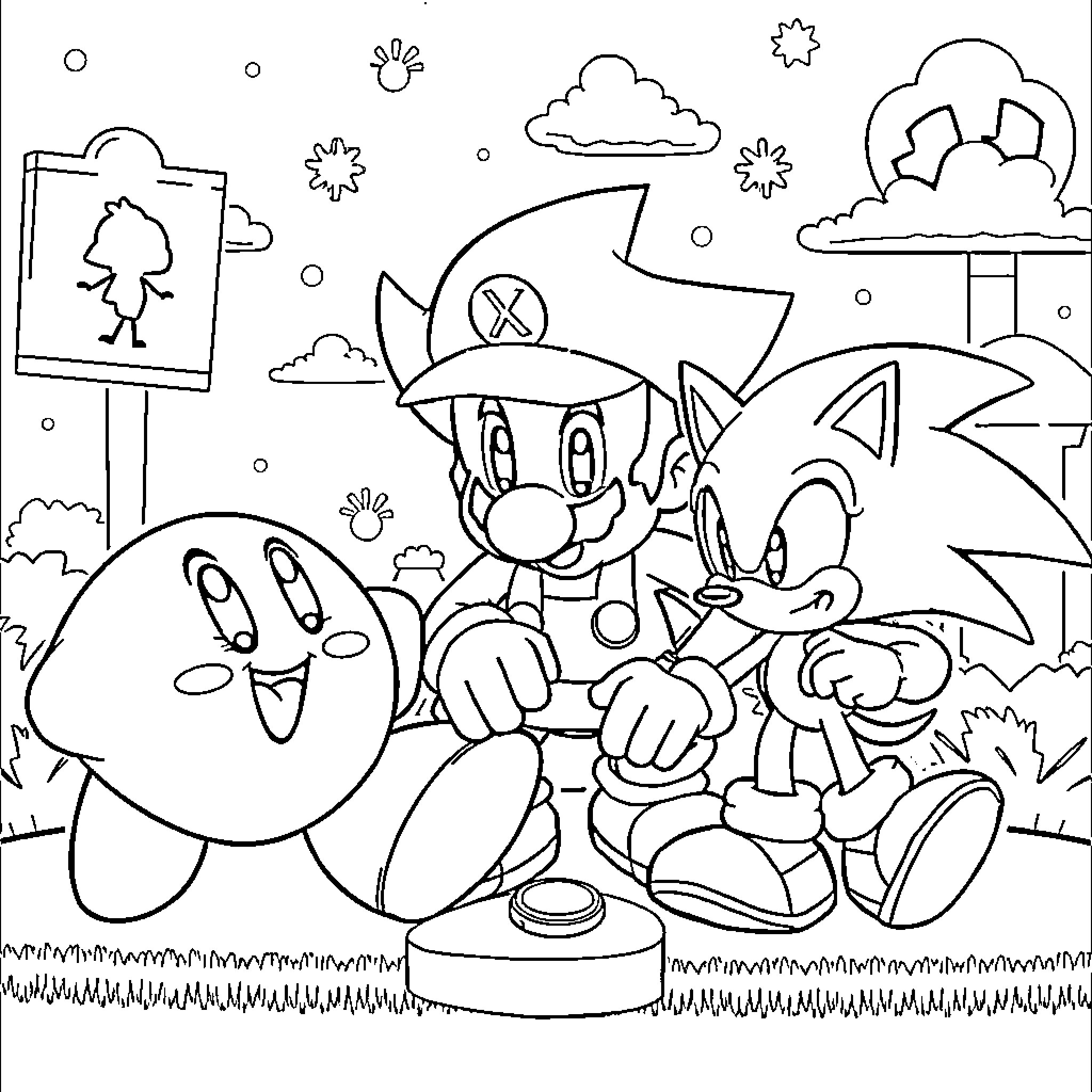 Kirby and Friends in a Whimsical Adventure Coloring Page (free black-and-white line drawing printable PDF for all, from beginners to advanced learners, including children, teens, adults, and seniors)