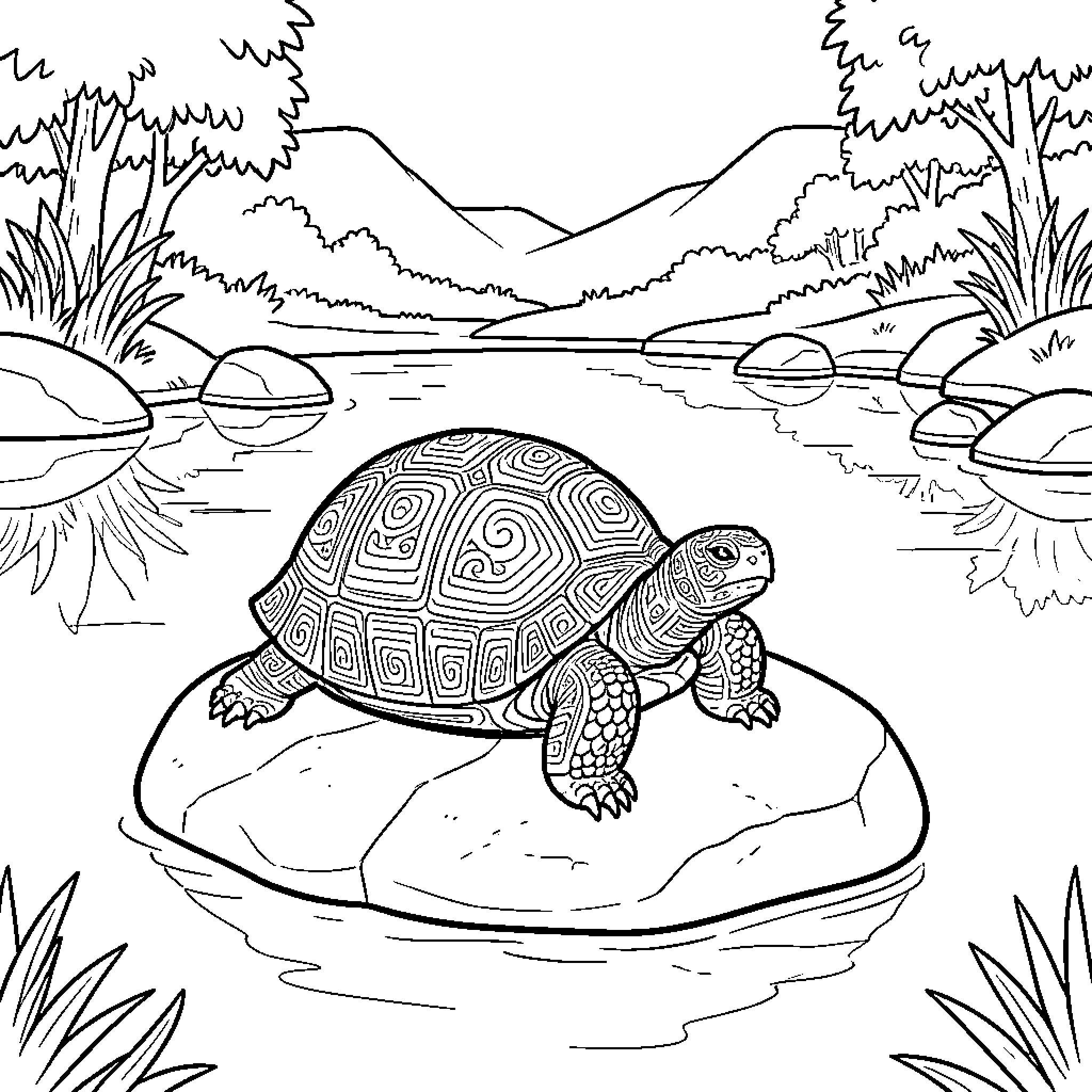 Turtle resting on a large rock in a pond Coloring Page (free black-and-white line drawing printable PDF for all, from beginners to advanced learners, including children, teens, adults, and seniors)