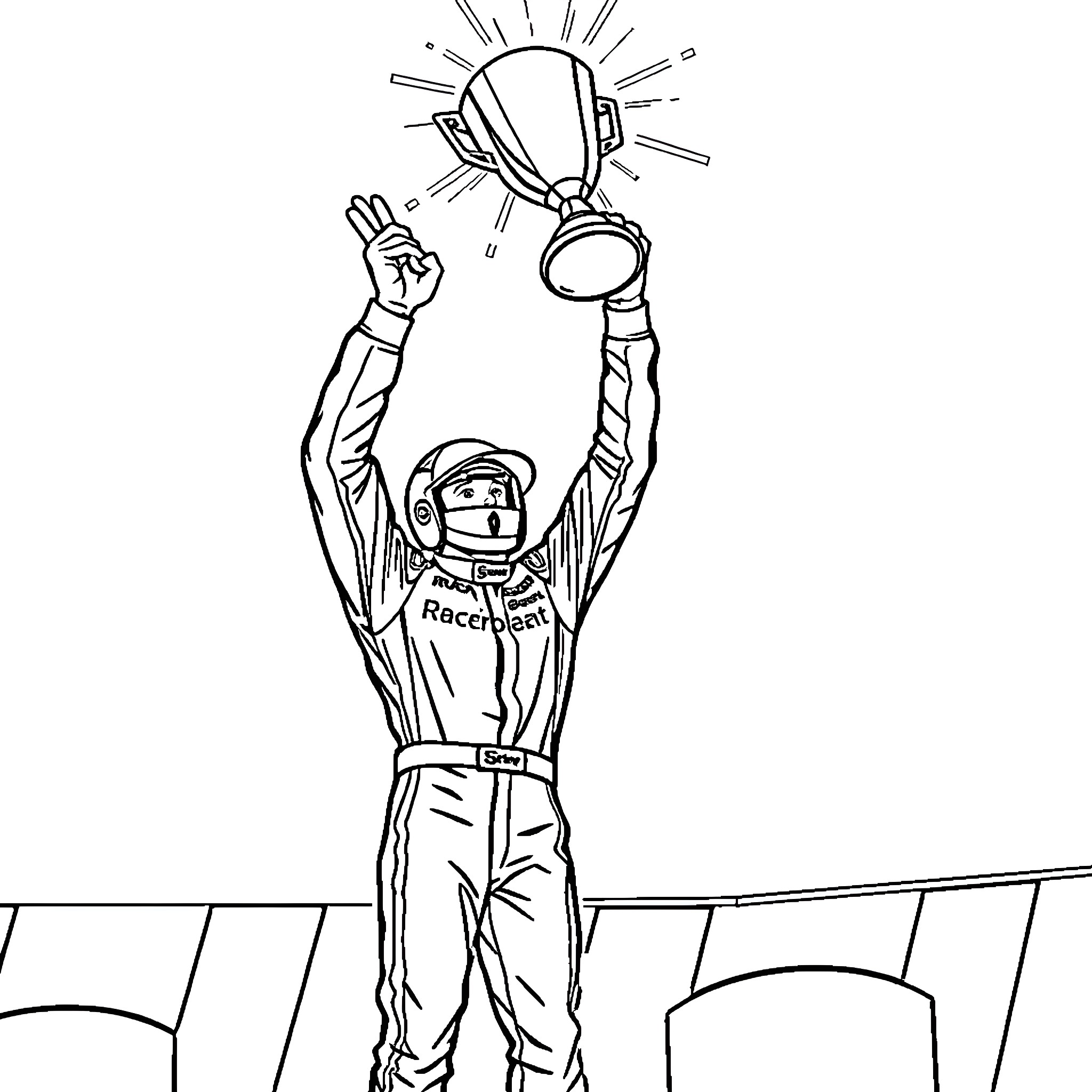 Race Driver Celebrating Victory on the Track Coloring Page (free black-and-white line drawing printable PDF for all, from beginners to advanced learners, including children, teens, adults, and seniors)