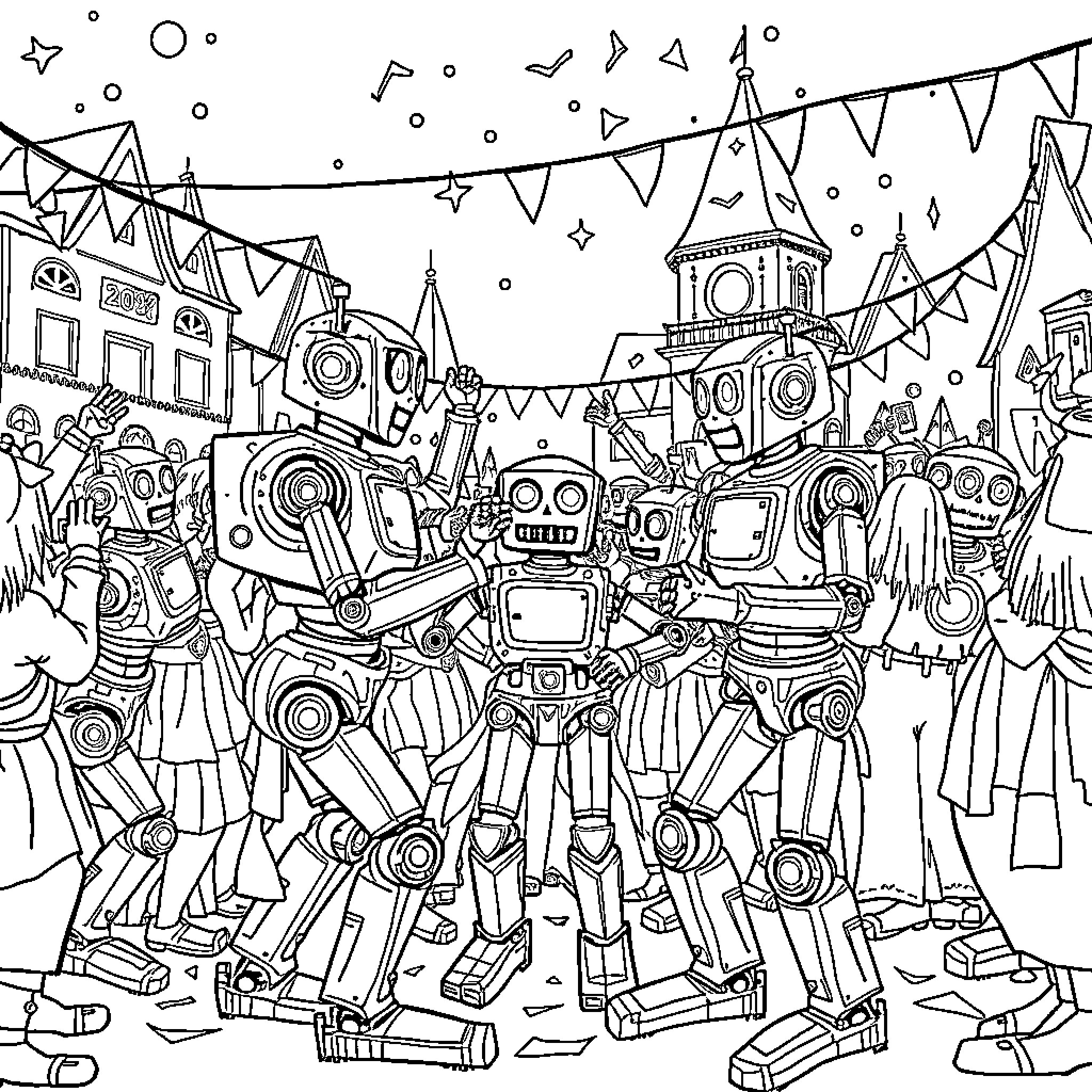 Robot Festival with Festive Decorations and Crowd Coloring Page (free black-and-white line drawing printable PDF for all, from beginners to advanced learners, including children, teens, adults, and seniors)