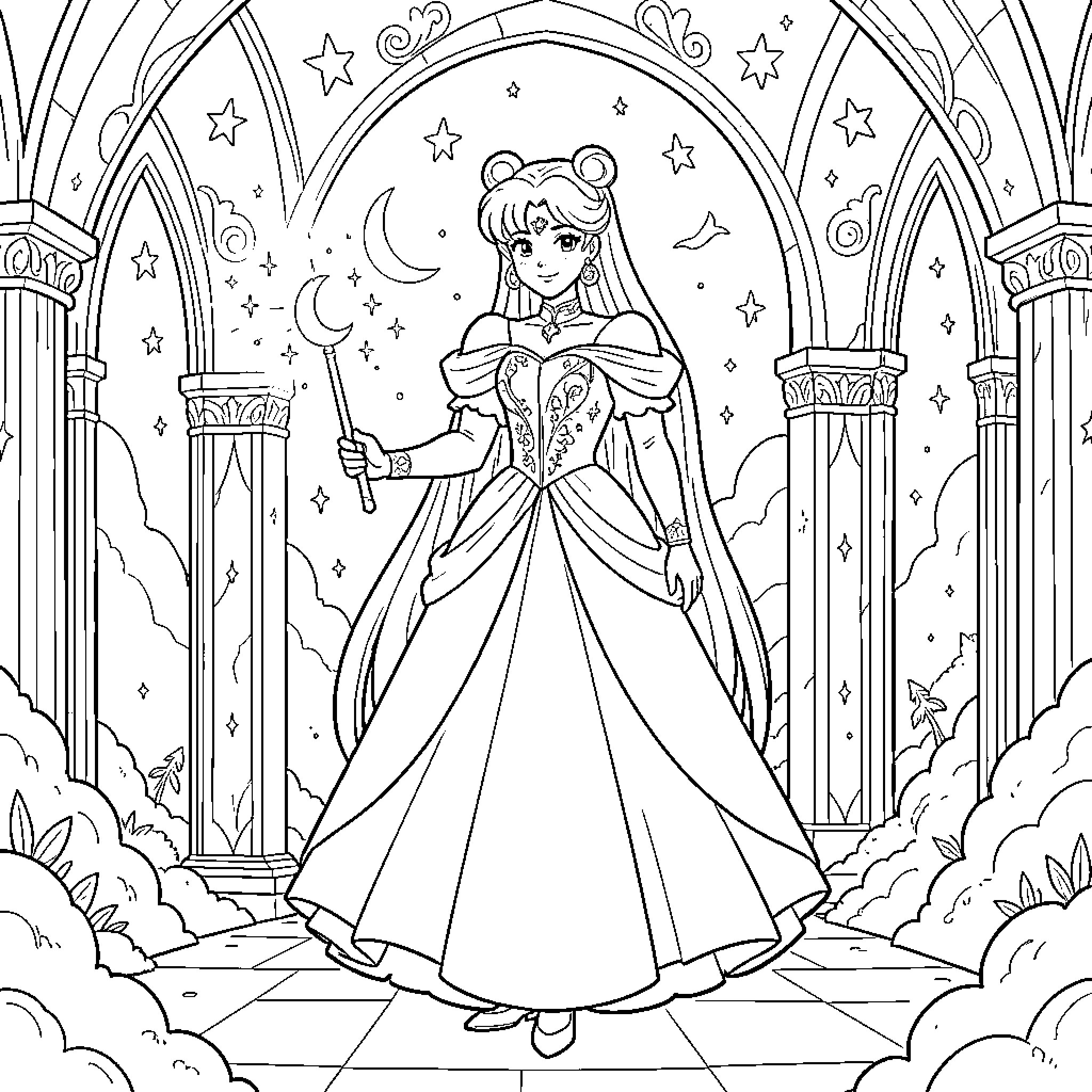 Princess in a Magical Castle Surrounded by Stars Coloring Page (free black-and-white line drawing printable PDF for all, from beginners to advanced learners, including children, teens, adults, and seniors)