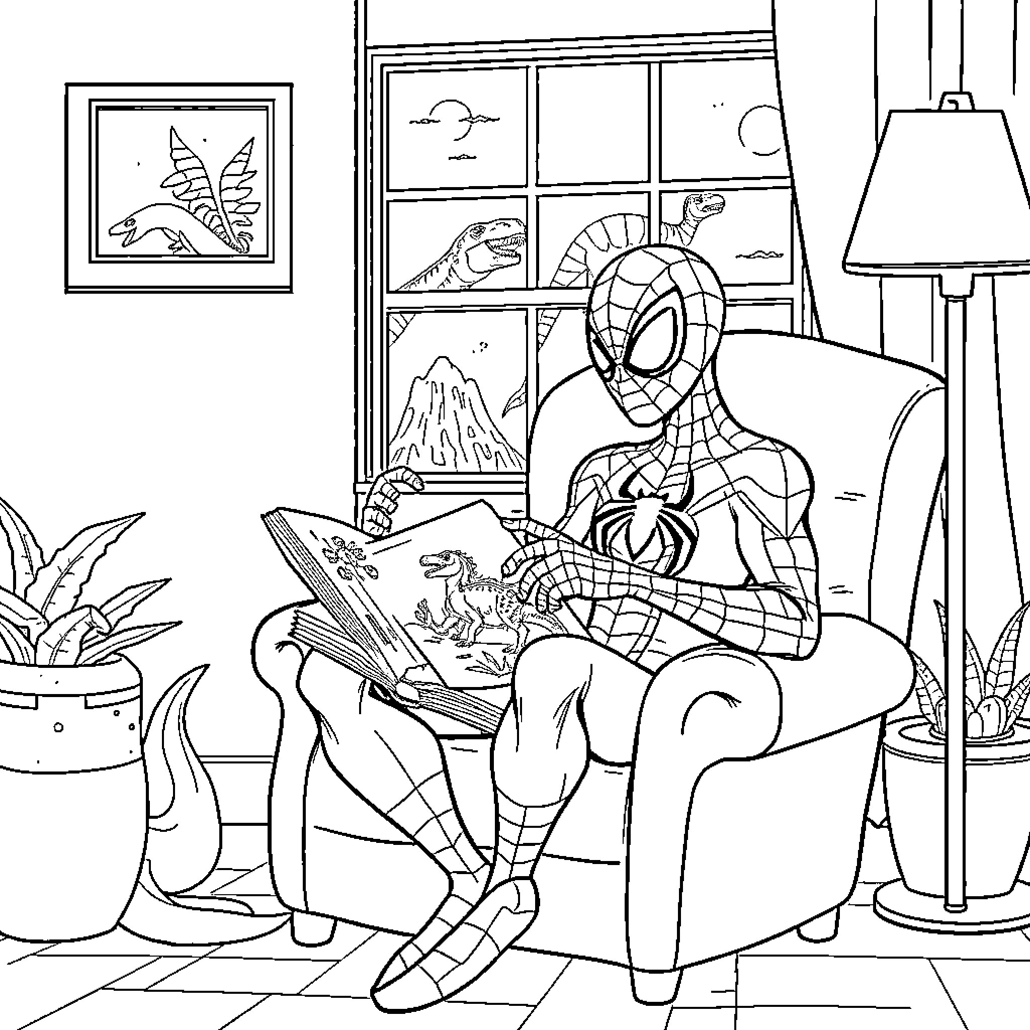 Spidey reading comics in a cozy room Coloring Page (free black-and-white line drawing printable PDF for all, from beginners to advanced learners, including children, teens, adults, and seniors)
