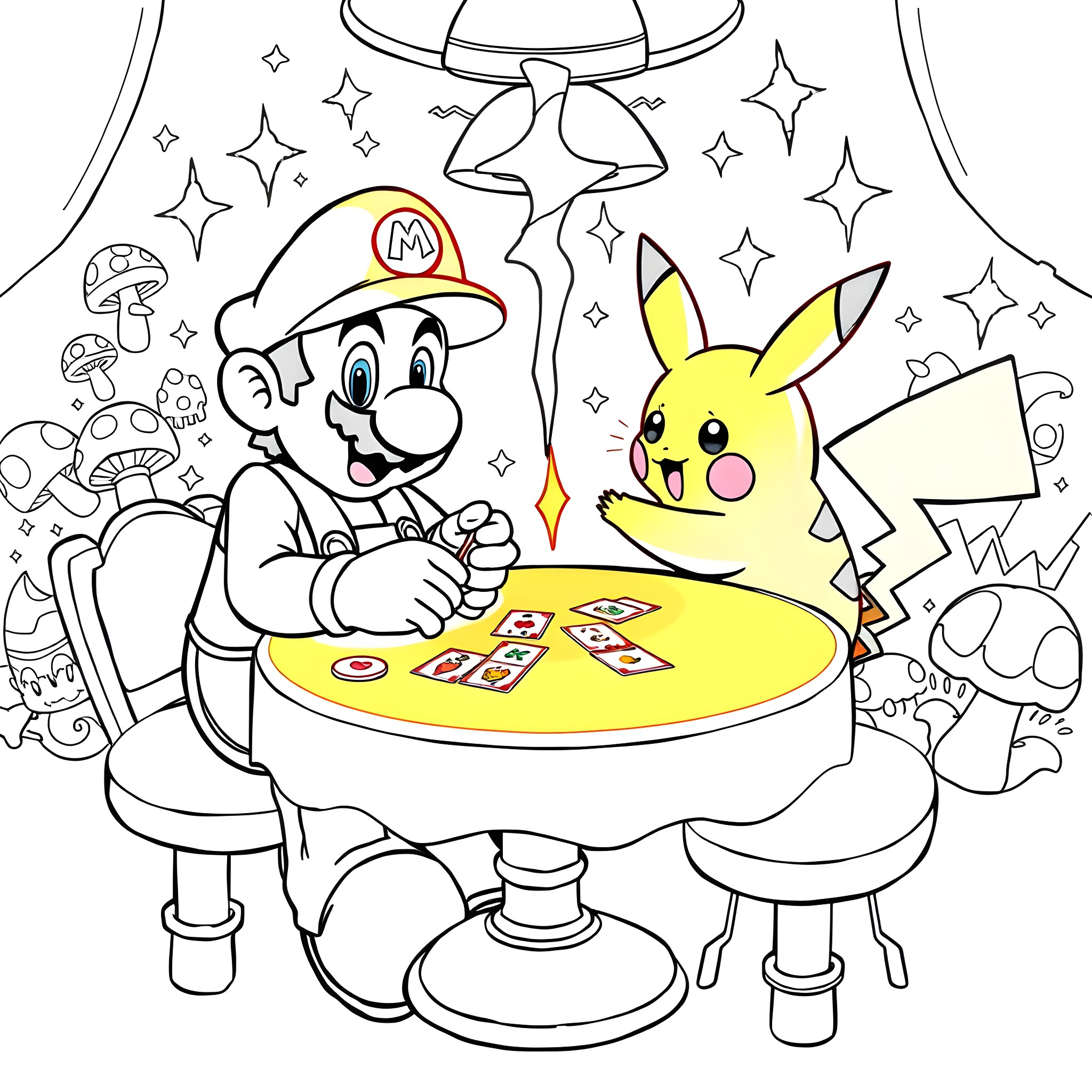 Super Mario and Pikachu playing cards in a magical setting Coloring Page (free black-and-white line drawing printable PDF for all, from beginners to advanced learners, including children, teens, adults, and seniors)