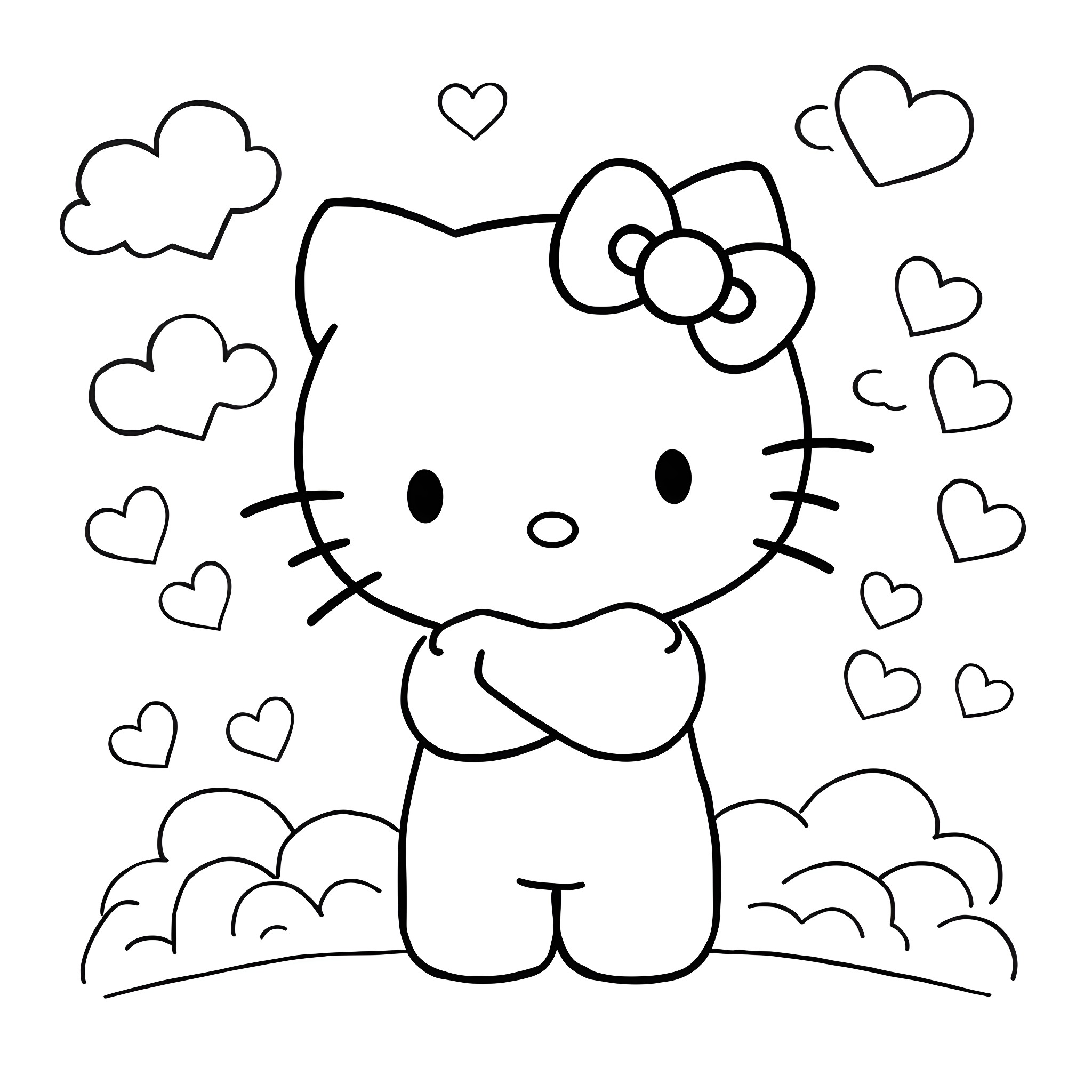 Hello Kitty posing with hearts and clouds Coloring Page (free black-and-white line drawing printable PDF for all, from beginners to advanced learners, including children, teens, adults, and seniors)