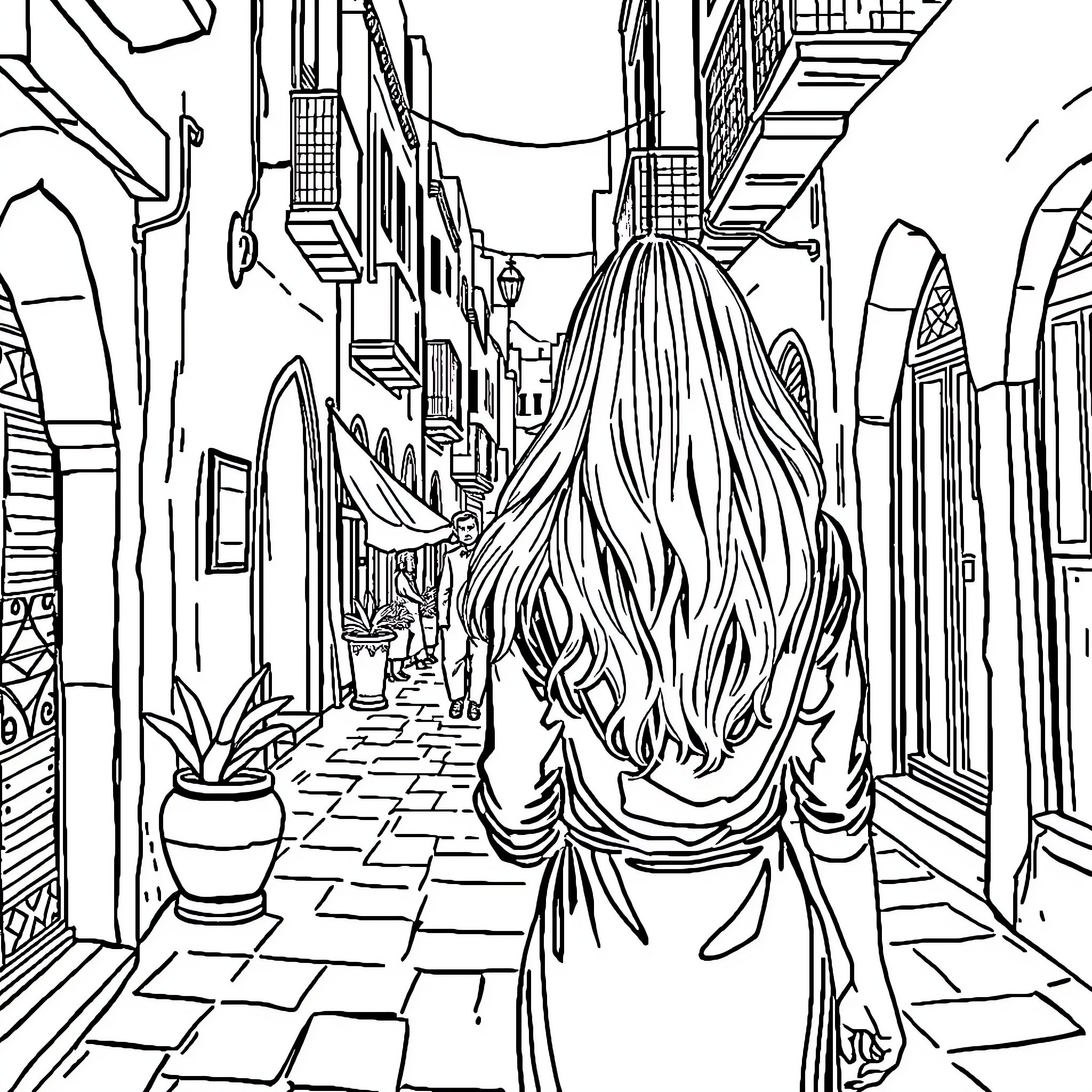Woman exploring the narrow streets of an old town Coloring Page (free black-and-white line drawing printable PDF for all, from beginners to advanced learners, including children, teens, adults, and seniors)