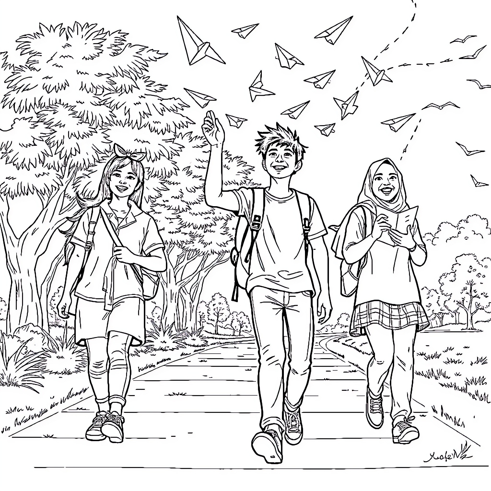 Students Exploring Nature with Joy and Adventure Coloring Page (free black-and-white line drawing printable PDF for all, from beginners to advanced learners, including children, teens, adults, and seniors)