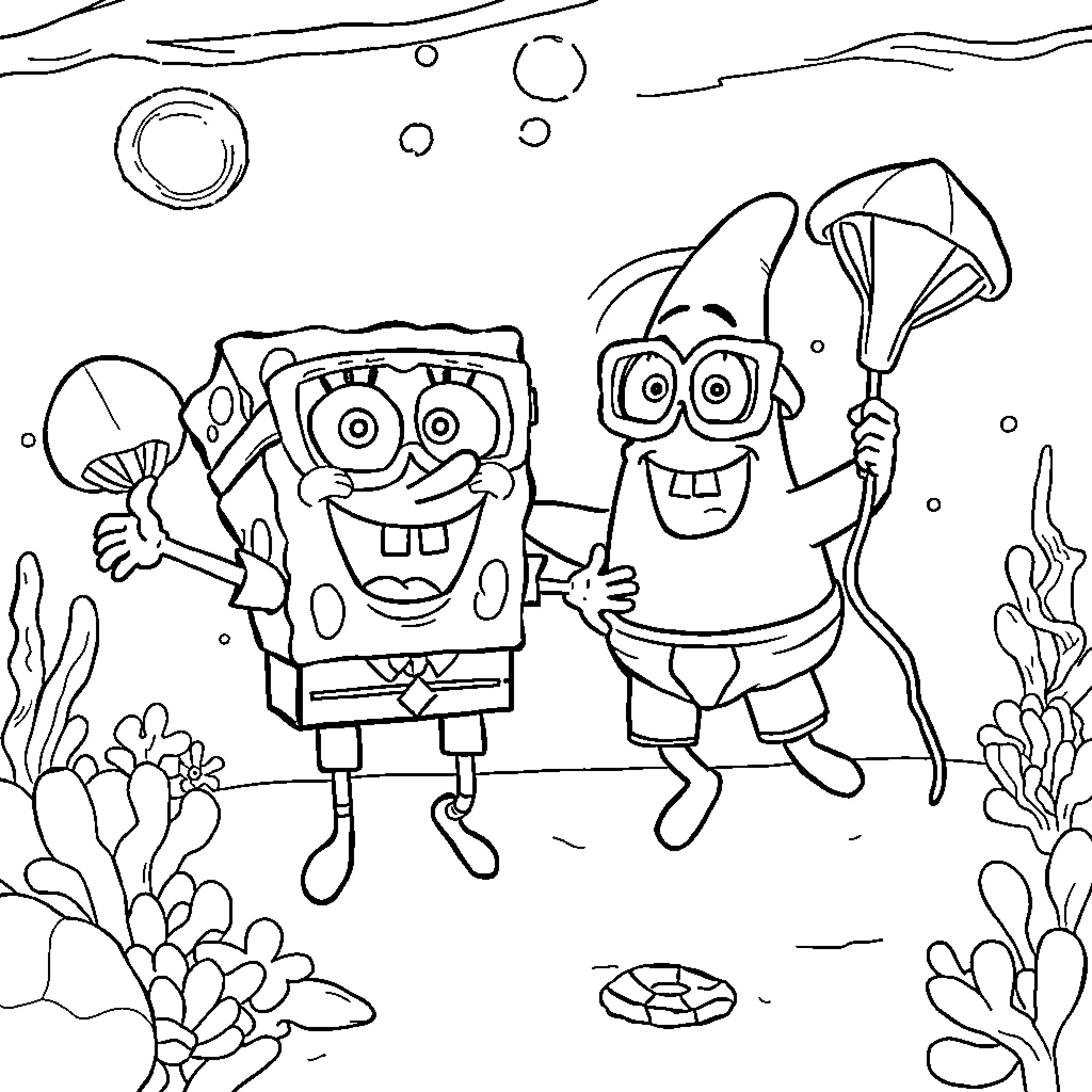 Spongebob and Patrick having an adventure underwater Coloring Page (free black-and-white line drawing printable PDF for all, from beginners to advanced learners, including children, teens, adults, and seniors)