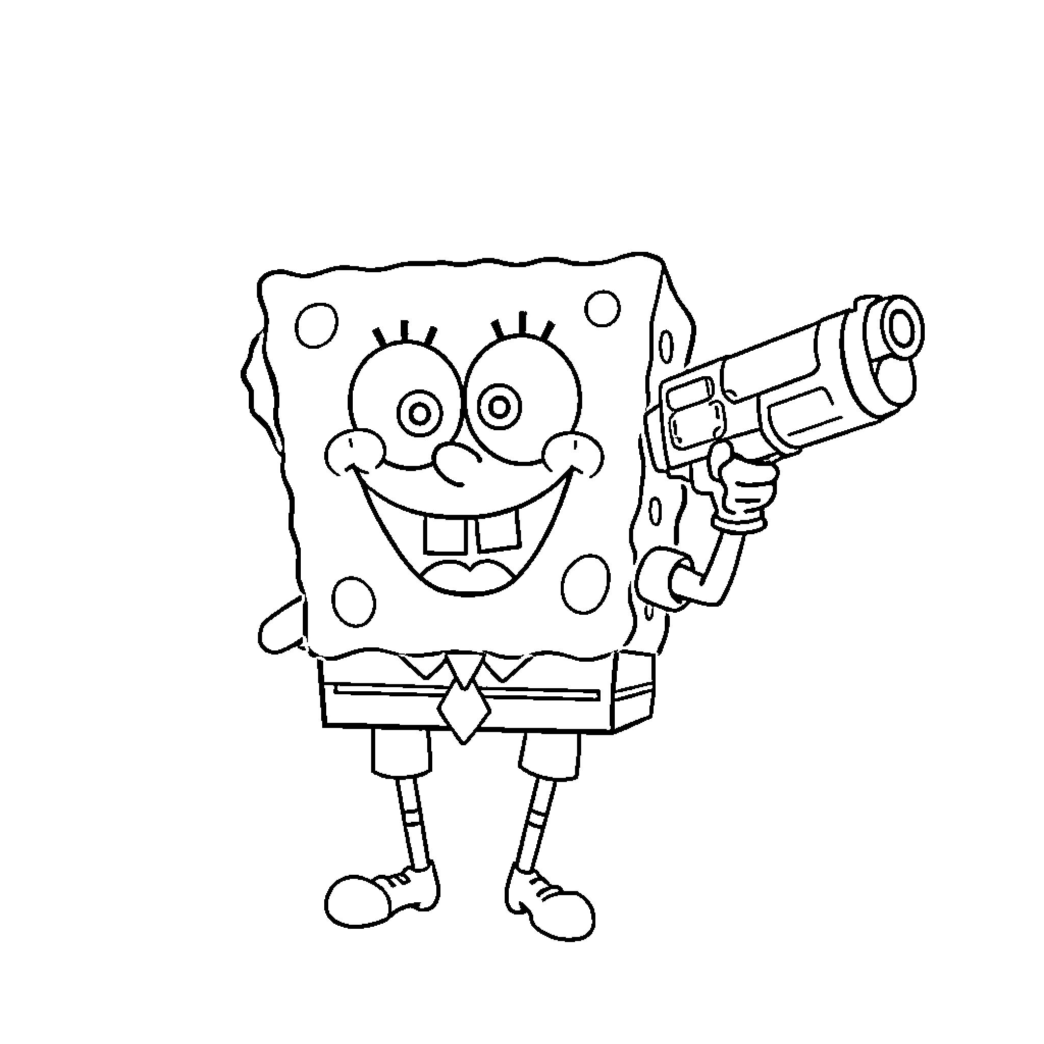 Spongebob wielding a gun with a big smile Coloring Page (free black-and-white line drawing printable PDF for all, from beginners to advanced learners, including children, teens, adults, and seniors)