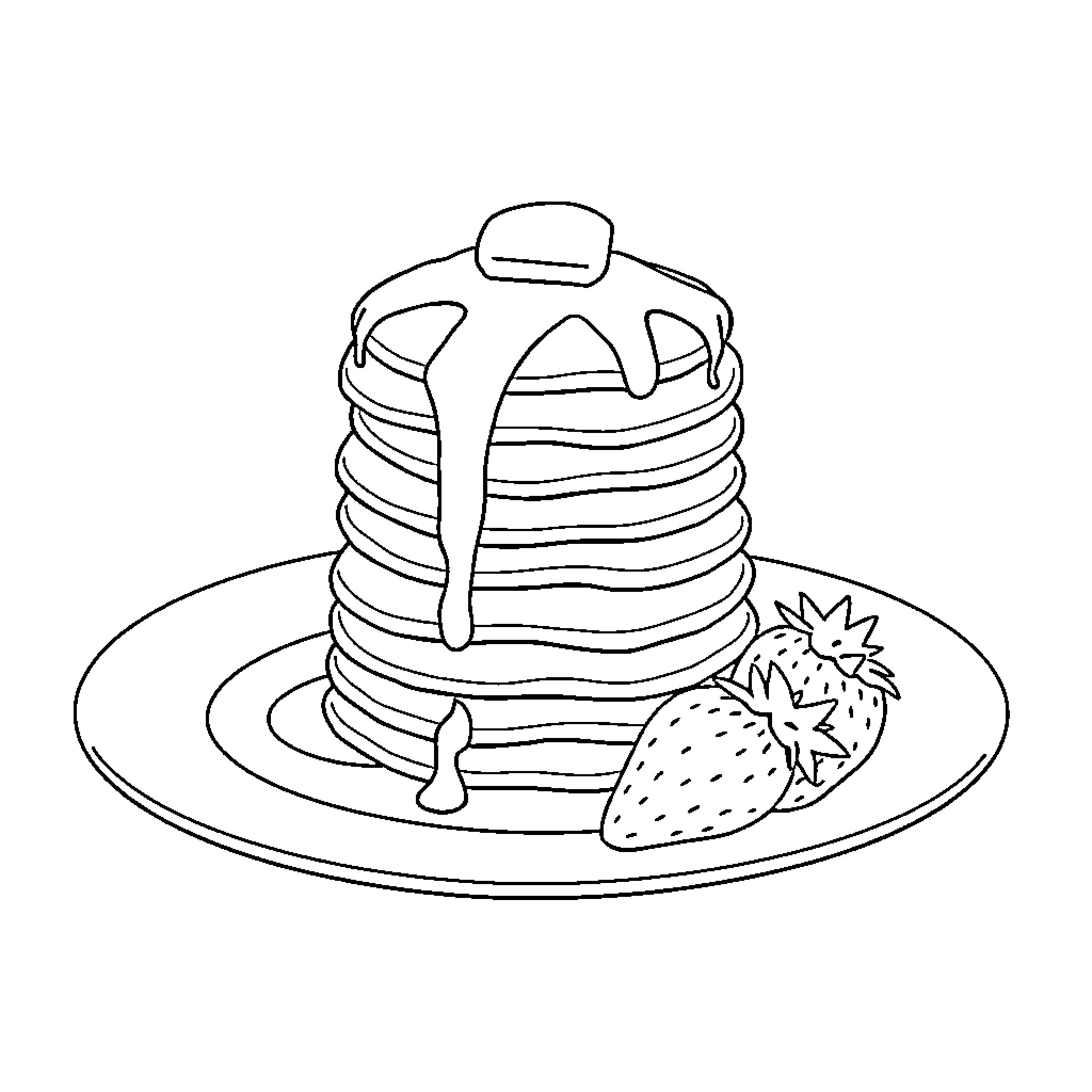 Pancake stack with strawberry garnish Coloring Page (free black-and-white line drawing printable PDF for all, from beginners to advanced learners, including children, teens, adults, and seniors)