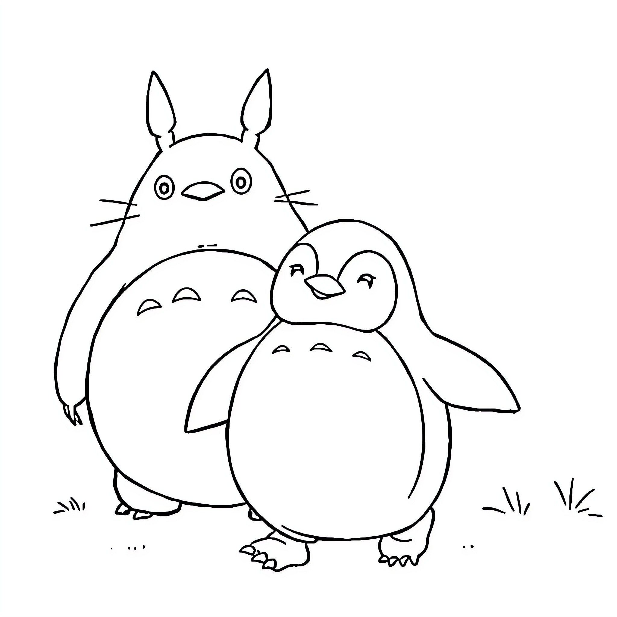 Penguin and Totoro friendly cartoon characters Coloring Page (free black-and-white line drawing printable PDF for all, from beginners to advanced learners, including children, teens, adults, and seniors)