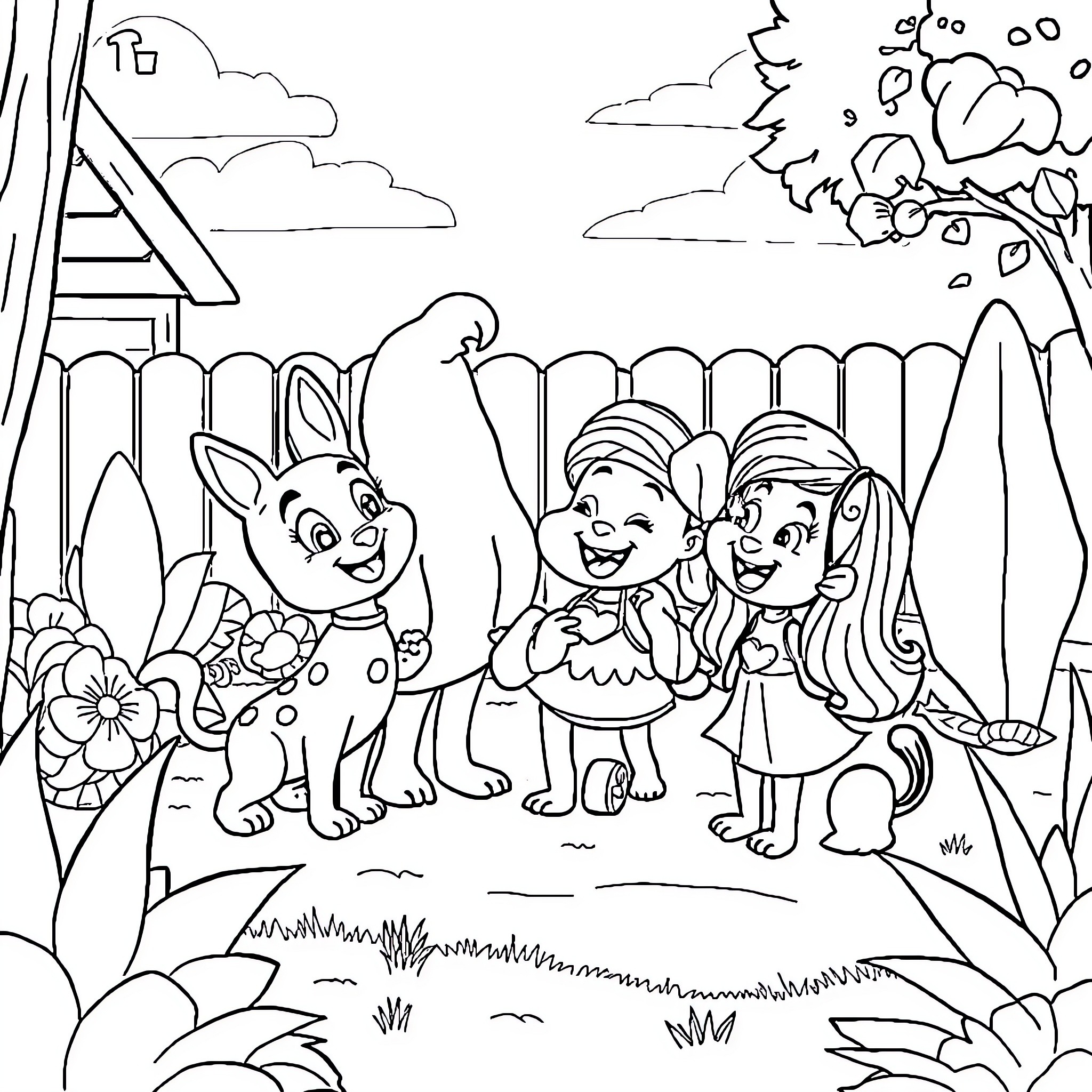 Bluey and friends enjoying a lively backyard adventure Coloring Page (free black-and-white line drawing printable PDF for all, from beginners to advanced learners, including children, teens, adults, and seniors)