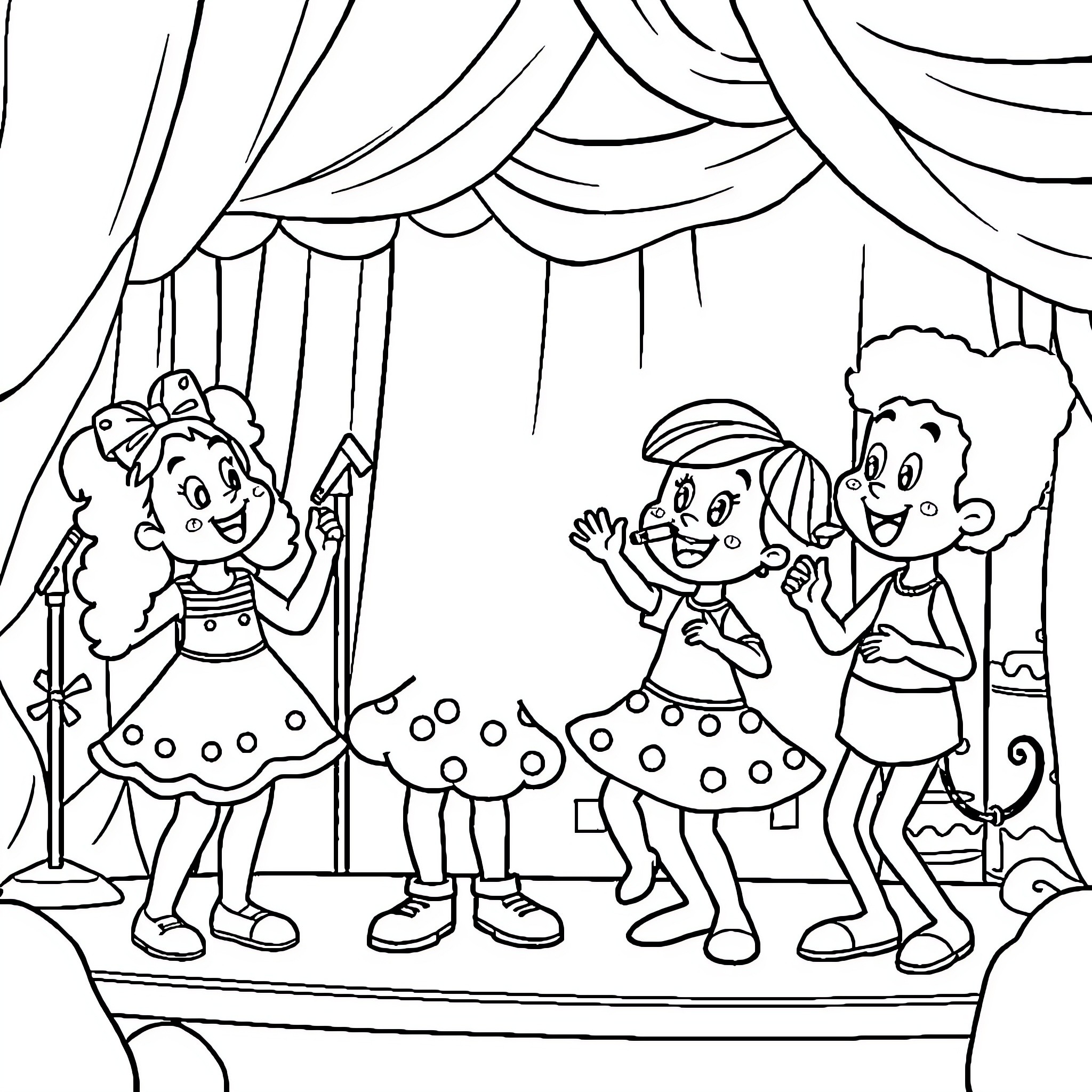 Kindergarten students performing on stage Coloring Page (free black-and-white line drawing printable PDF for all, from beginners to advanced learners, including children, teens, adults, and seniors)