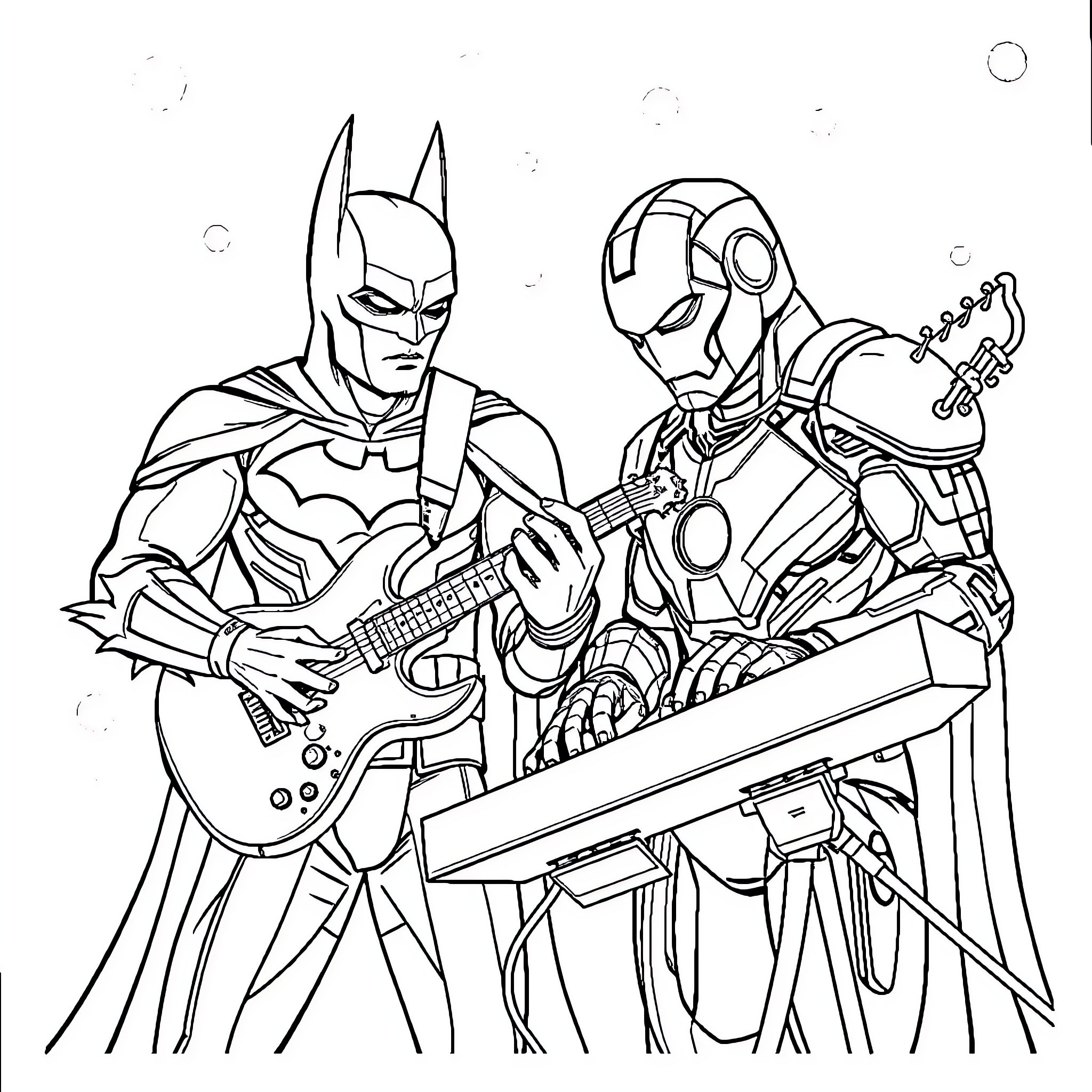 Batman and Iron Man Playing Music Together Coloring Page (free black-and-white line drawing printable PDF for all, from beginners to advanced learners, including children, teens, adults, and seniors)