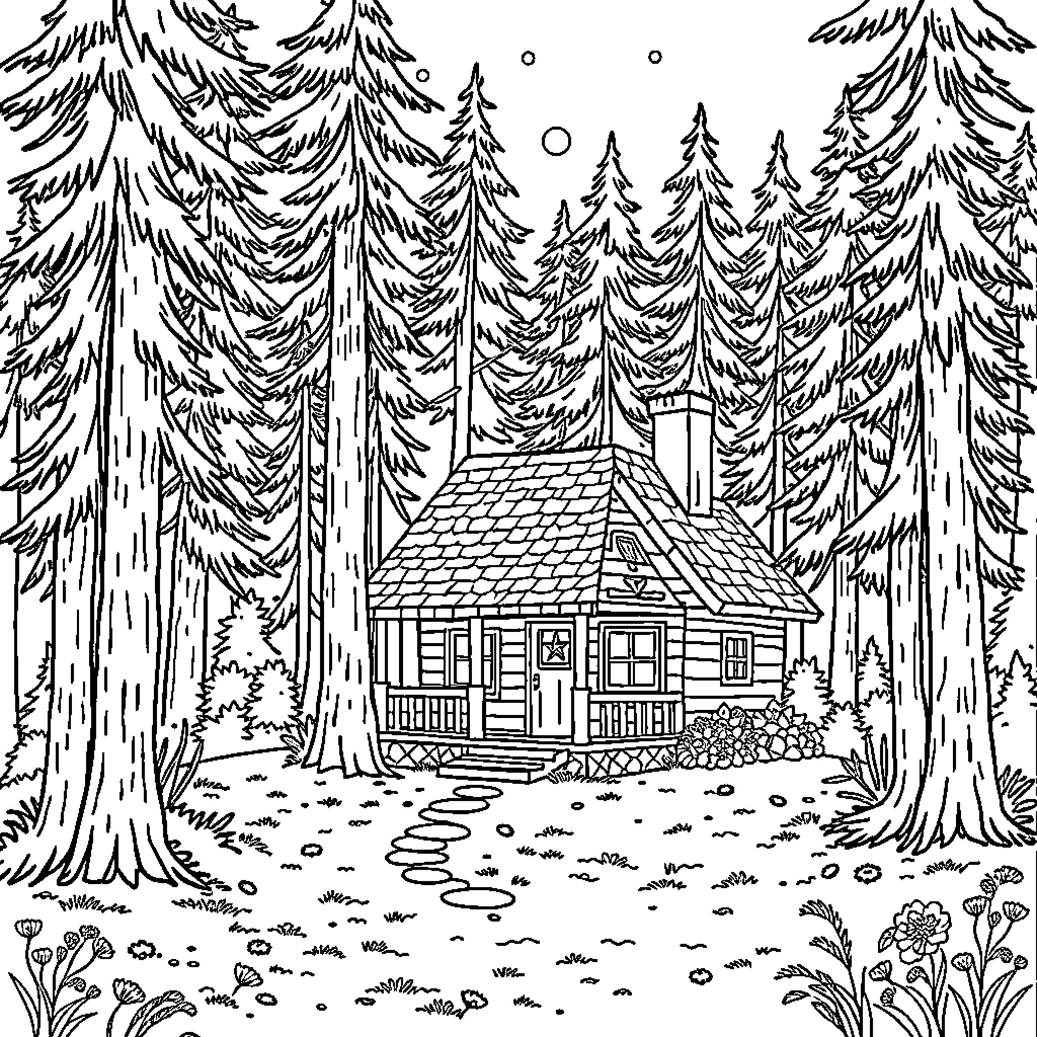 Cabin in the Snowy Forest Coloring Page (free black-and-white line drawing printable PDF for all, from beginners to advanced learners, including children, teens, adults, and seniors)