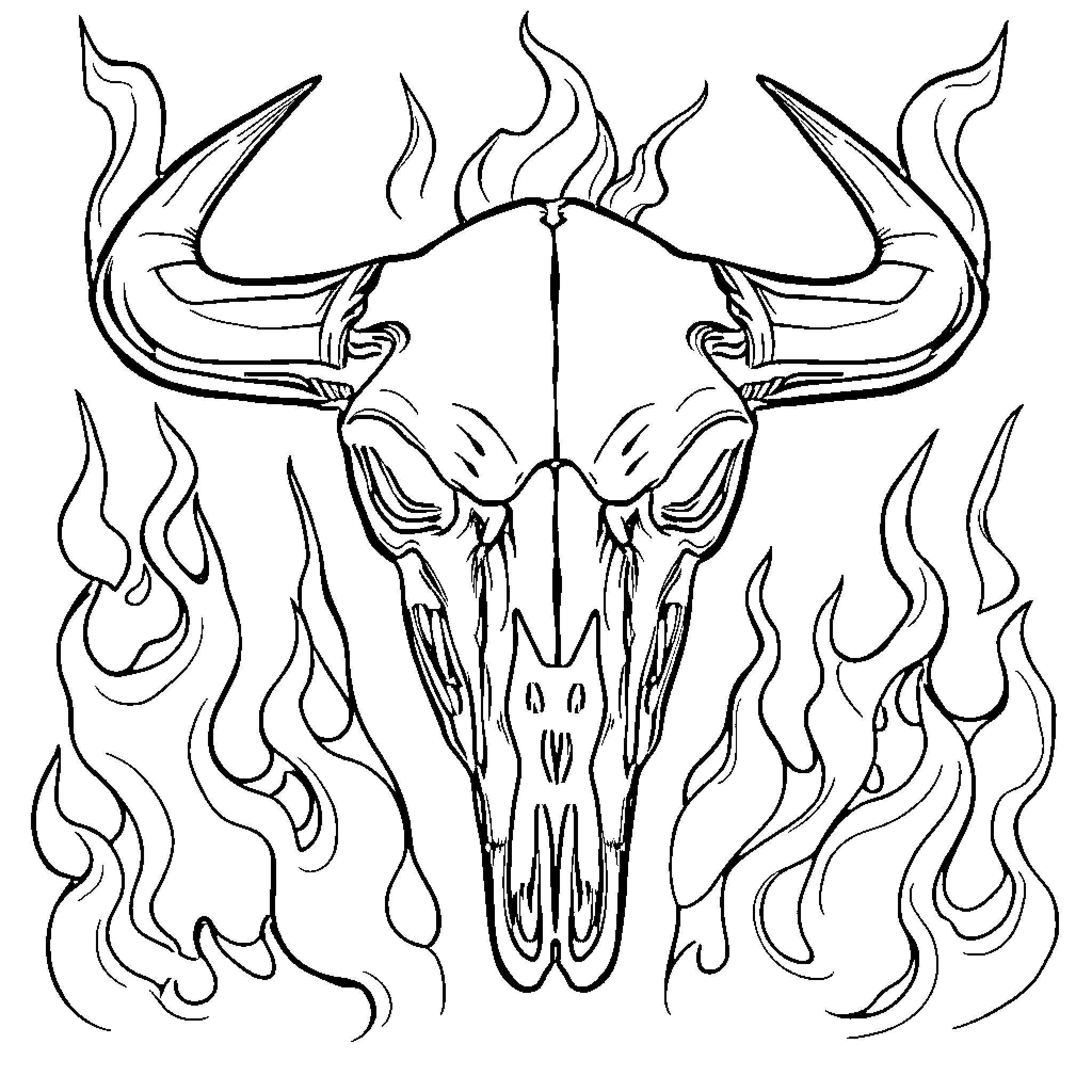 Bull Skull with Fiery Horns Coloring Page (free black-and-white line drawing printable PDF for all, from beginners to advanced learners, including children, teens, adults, and seniors)