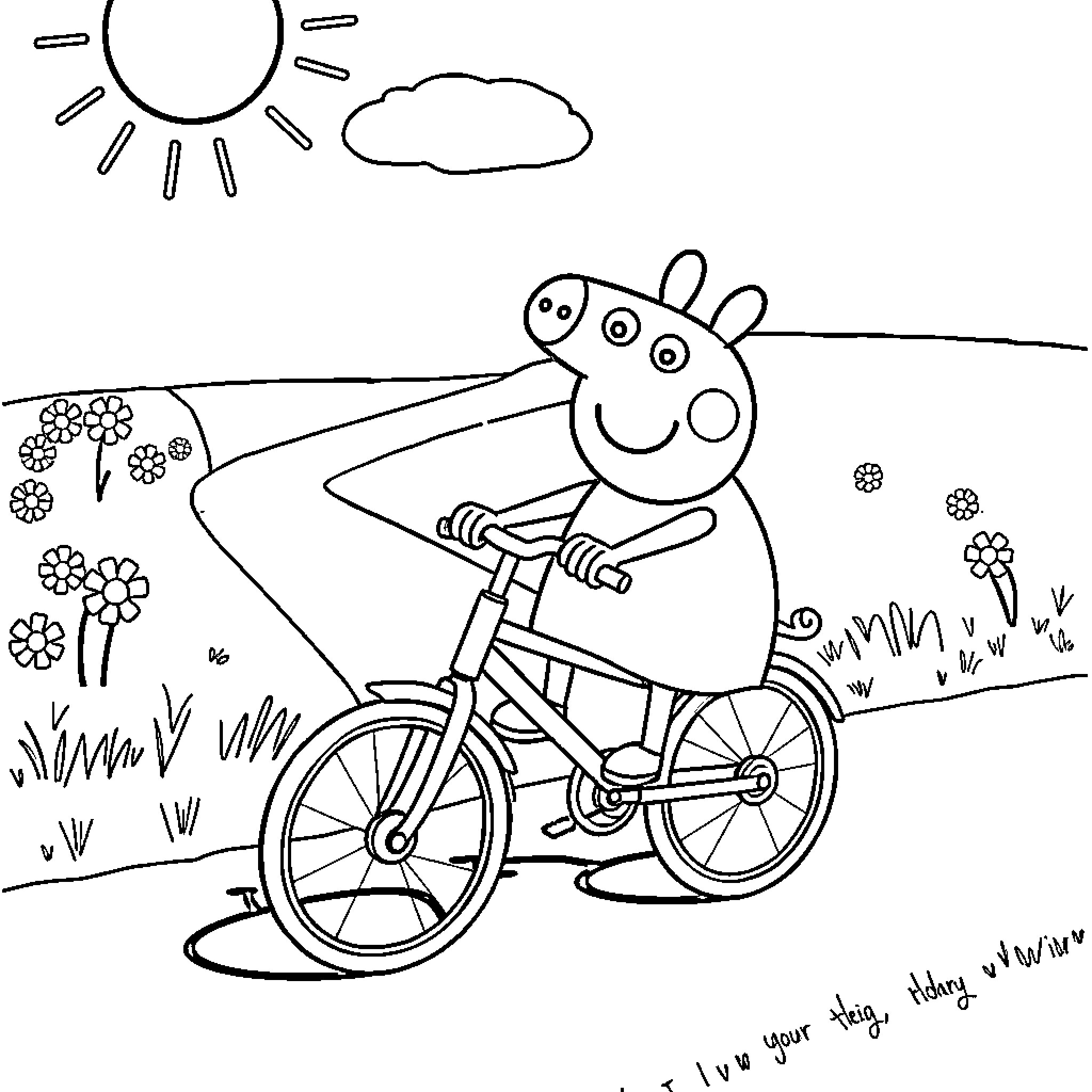 Peppa Pig riding a bicycle in a scenic outdoor setting Coloring Page (free black-and-white line drawing printable PDF for all, from beginners to advanced learners, including children, teens, adults, and seniors)