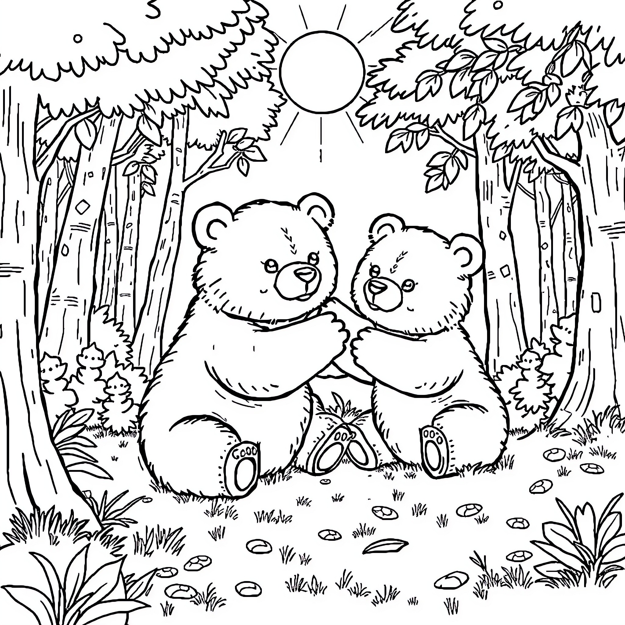 Bear friends exploring the forest Coloring Page (free black-and-white line drawing printable PDF for all, from beginners to advanced learners, including children, teens, adults, and seniors)