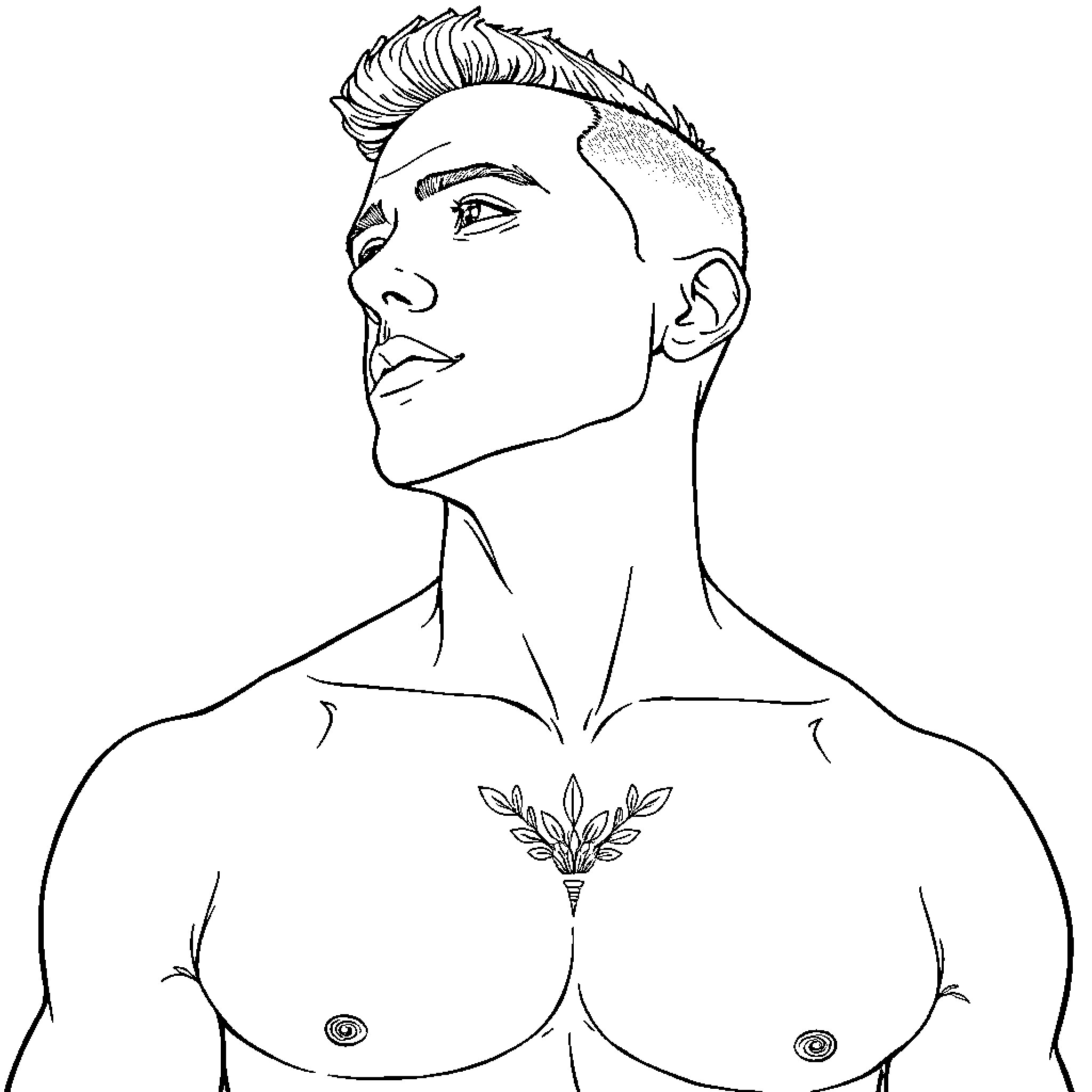 Tattoo of leaves on muscular figure Coloring Page (free black-and-white line drawing printable PDF for all, from beginners to advanced learners, including children, teens, adults, and seniors)