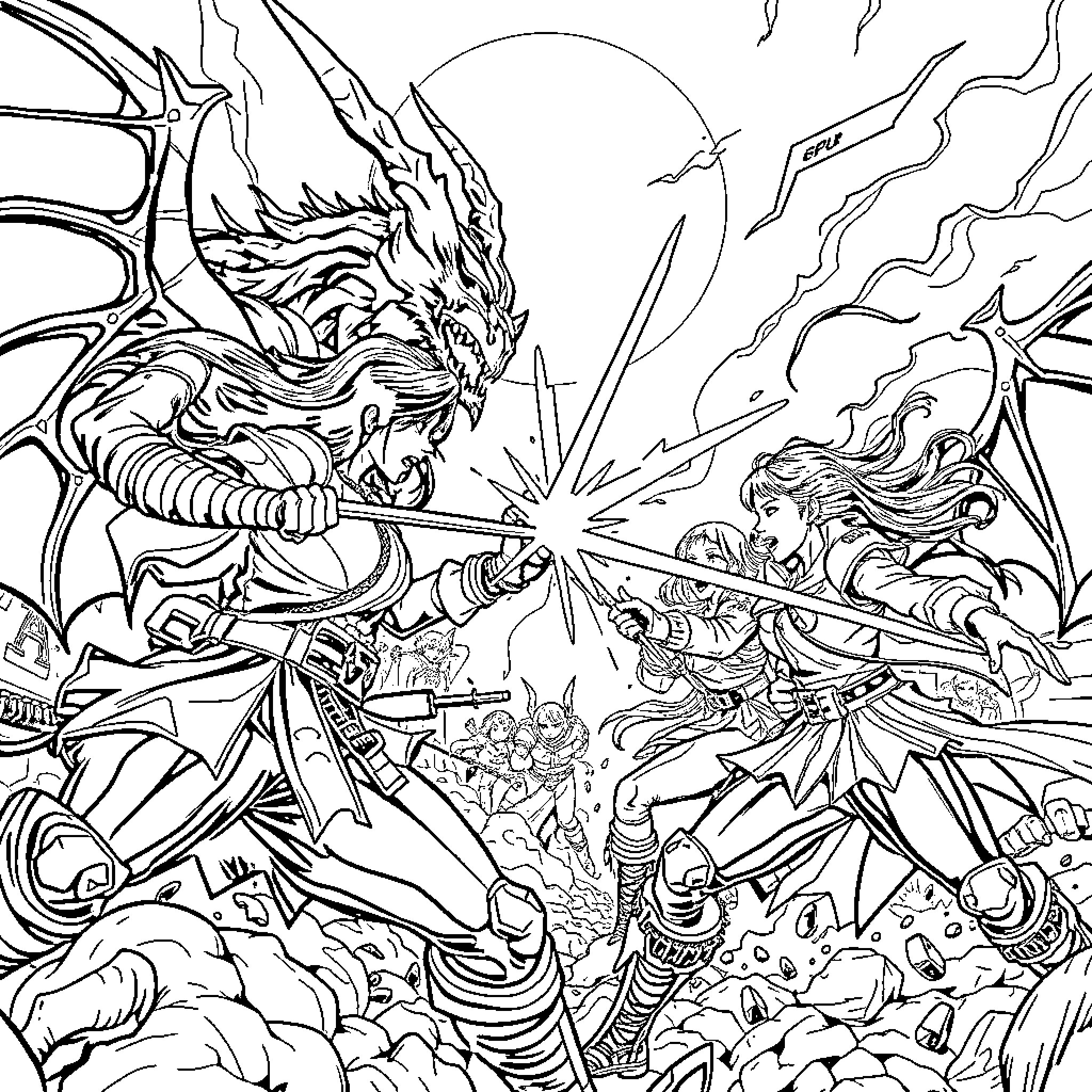 K Pop Warrior Battles Fearsome Dragon Coloring Page (free black-and-white line drawing printable PDF for all, from beginners to advanced learners, including children, teens, adults, and seniors)