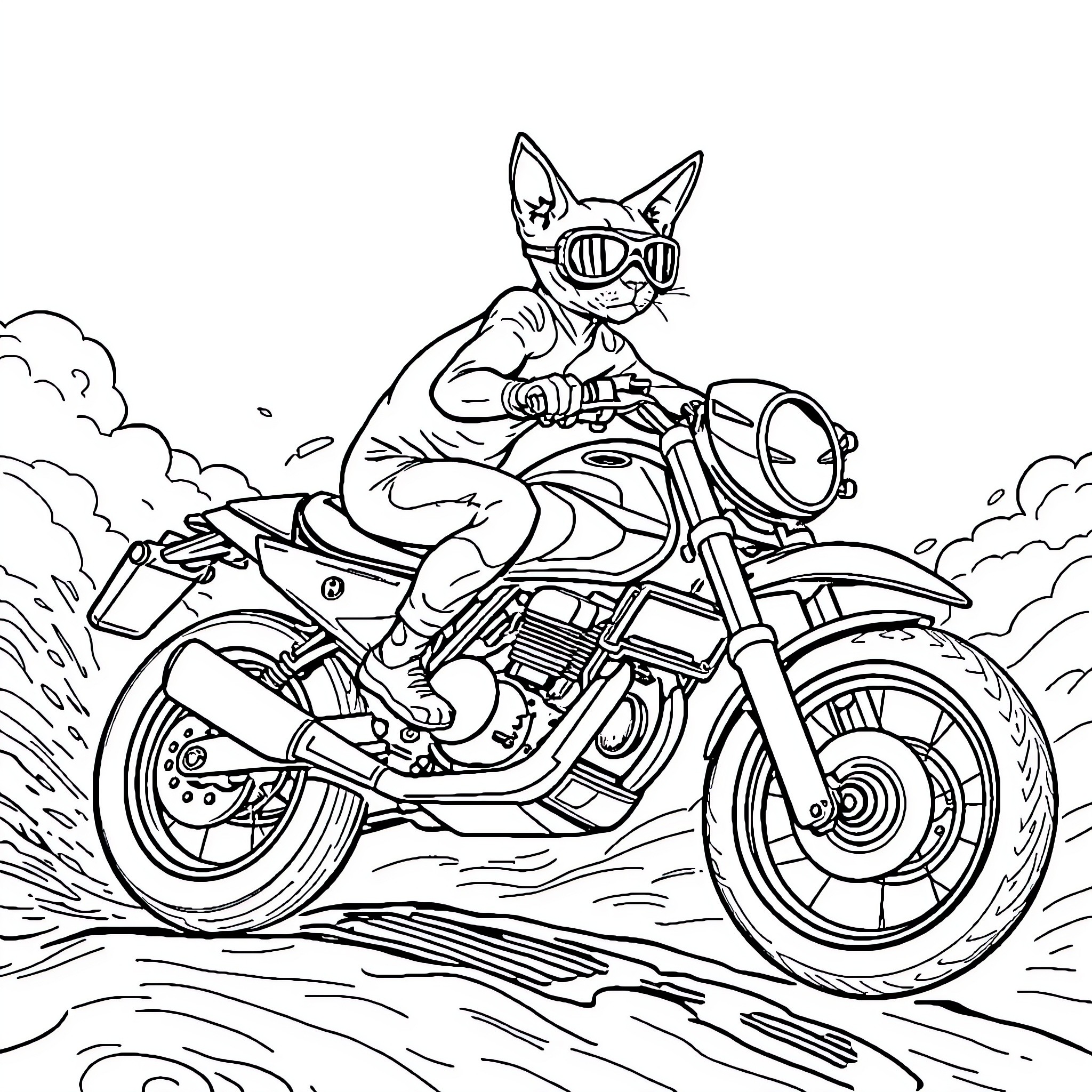 Sphynx Cat riding motorcycle on the road Coloring Page (free black-and-white line drawing printable PDF for all, from beginners to advanced learners, including children, teens, adults, and seniors)