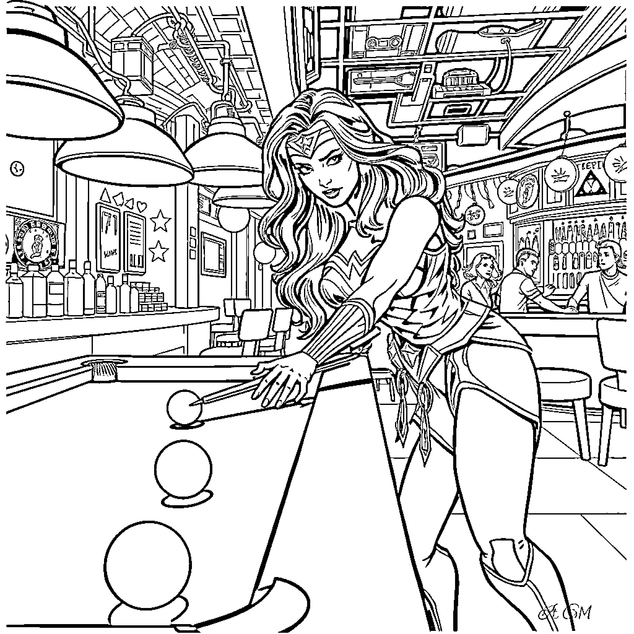 Wonder Woman Enjoying Herself in a Lively Cafe Coloring Page (free black-and-white line drawing printable PDF for all, from beginners to advanced learners, including children, teens, adults, and seniors)
