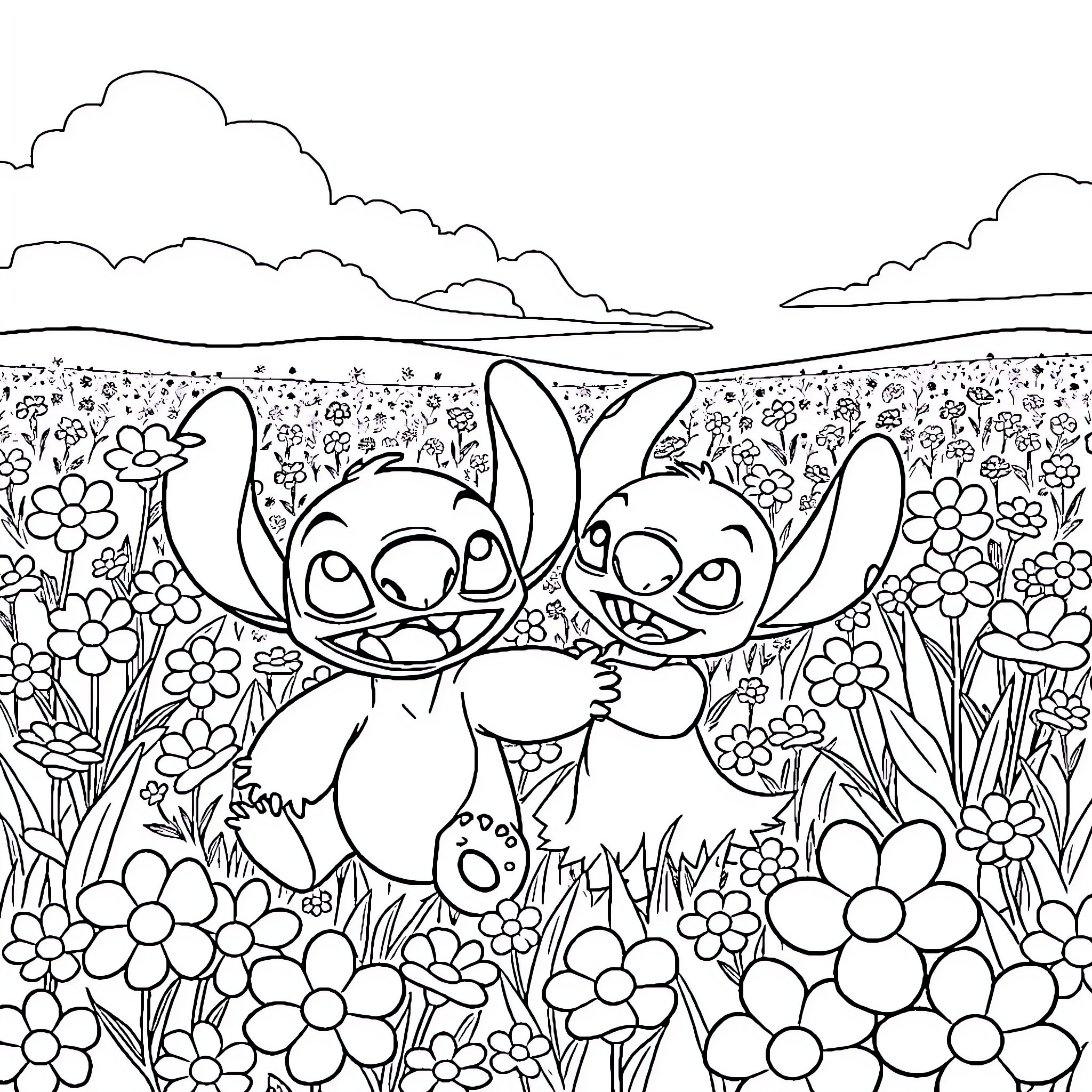 Lilo And Stitch playing together in a flower-filled field Coloring Page (free black-and-white line drawing printable PDF for all, from beginners to advanced learners, including children, teens, adults, and seniors)