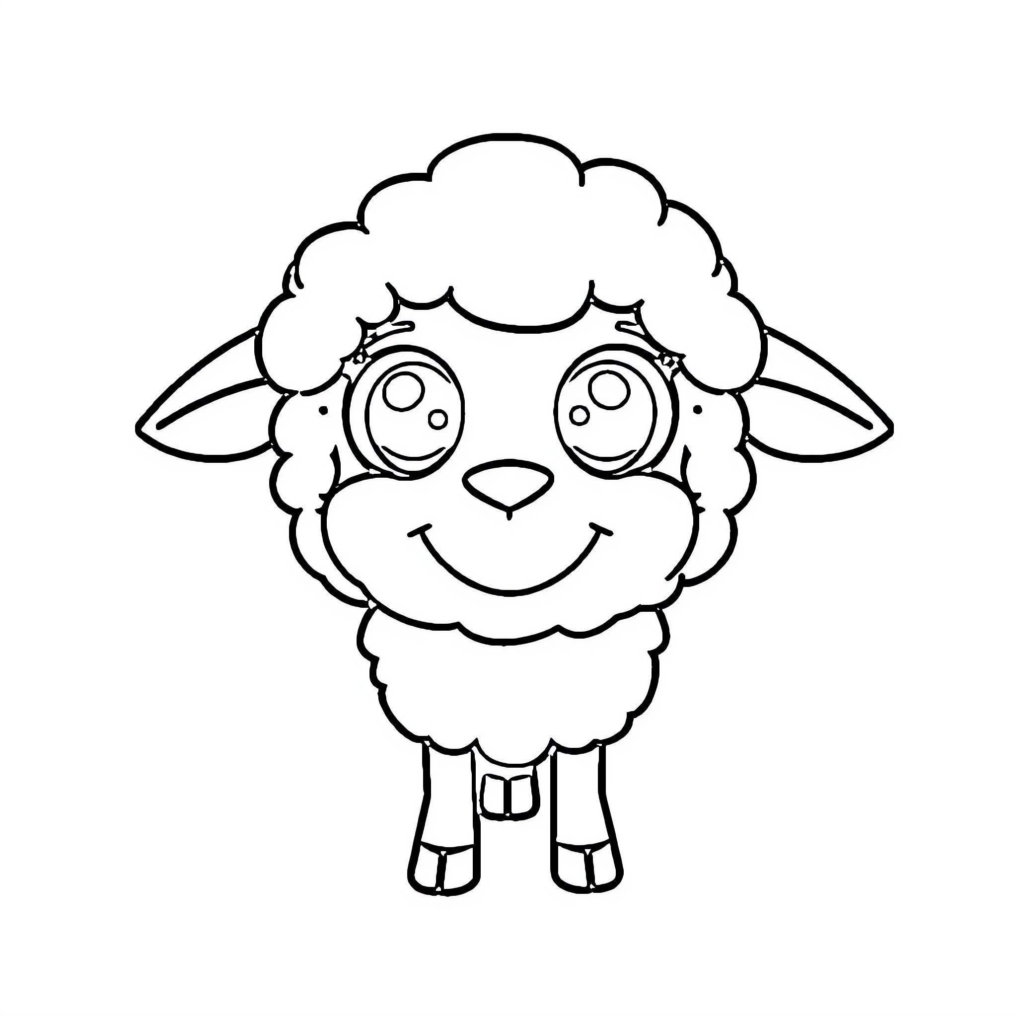 Sheep with big happy eyes and smile Coloring Page (free black-and-white line drawing printable PDF for all, from beginners to advanced learners, including children, teens, adults, and seniors)