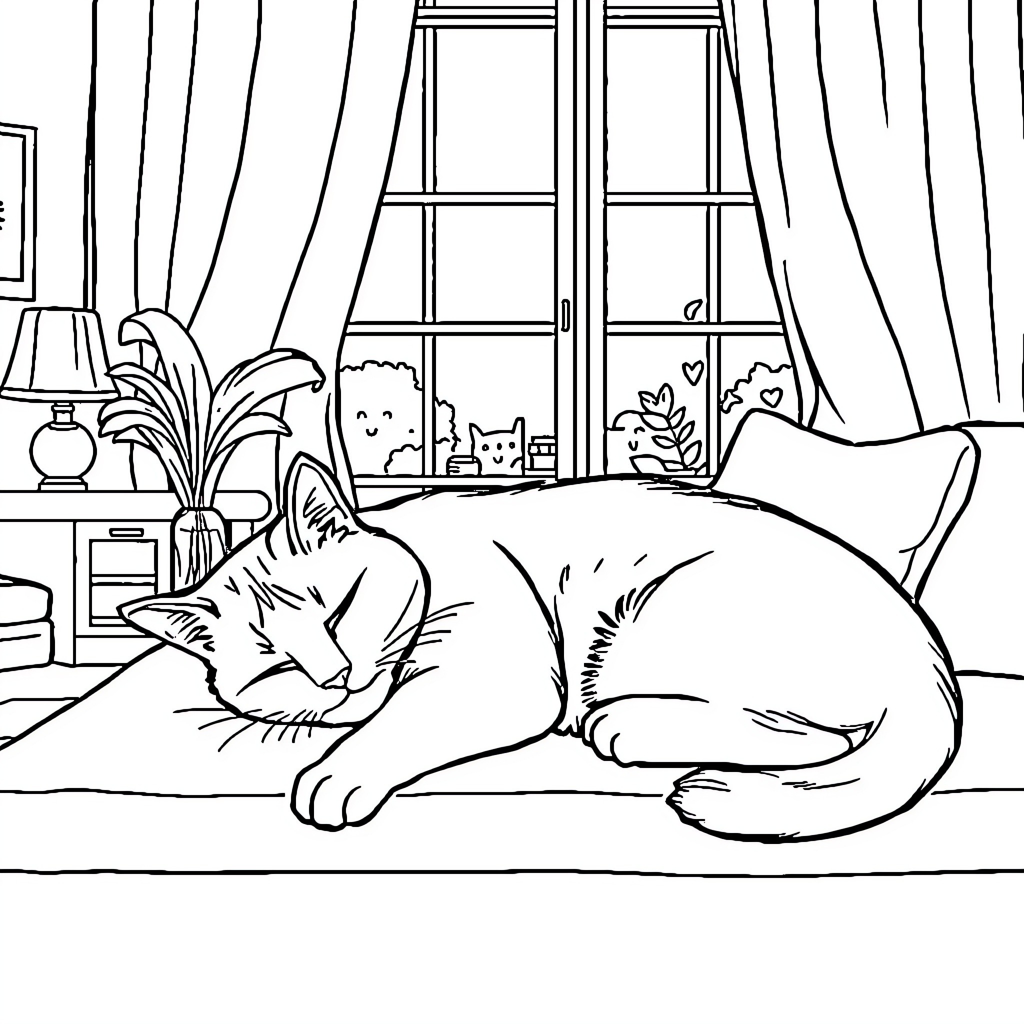 Cat napping peacefully in cozy room Coloring Page (free black-and-white line drawing printable PDF for all, from beginners to advanced learners, including children, teens, adults, and seniors)