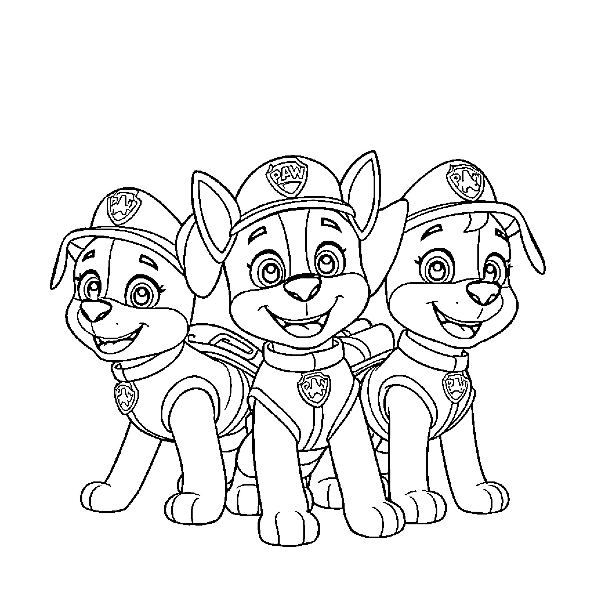 Paw Patrol puppies in uniform on patrol Coloring Page (free black-and-white line drawing printable PDF for all, from beginners to advanced learners, including children, teens, adults, and seniors)