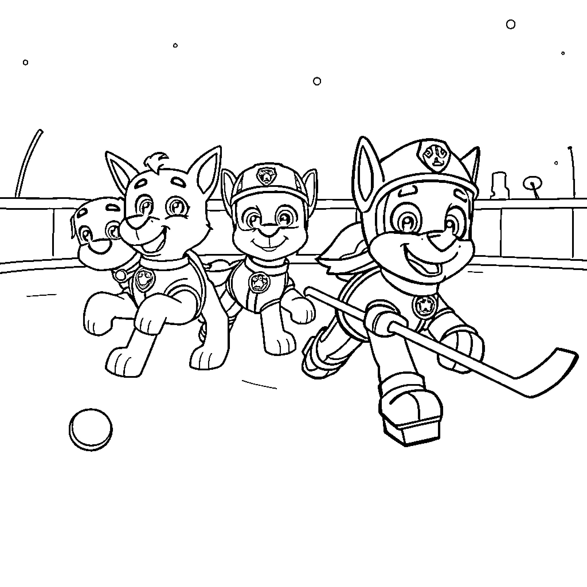 Flash McQueen and Paw Patrol friends play hockey Coloring Page (free black-and-white line drawing printable PDF for all, from beginners to advanced learners, including children, teens, adults, and seniors)