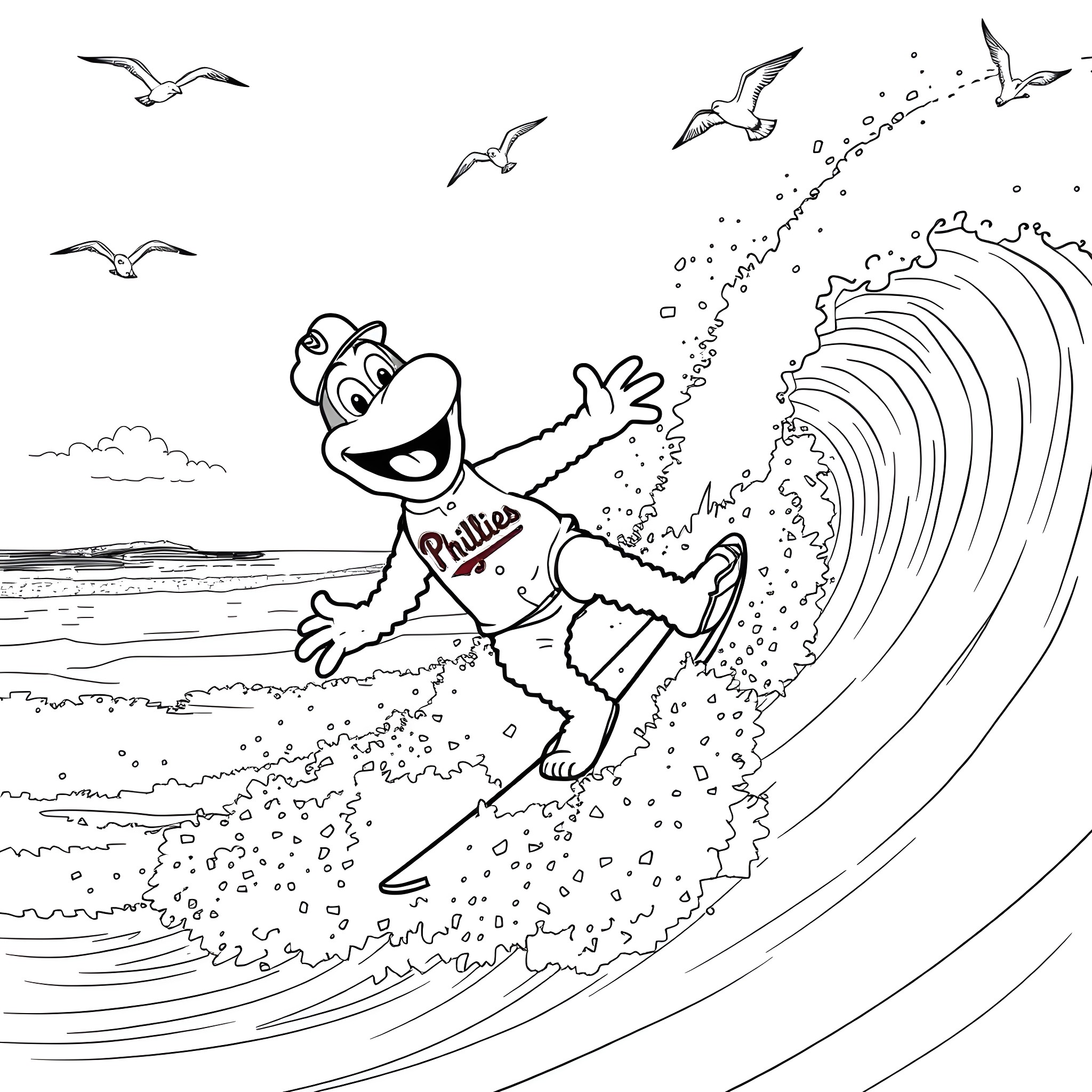 Phillie Phanatic surfing waves with seagulls Coloring Page (free black-and-white line drawing printable PDF for all, from beginners to advanced learners, including children, teens, adults, and seniors)