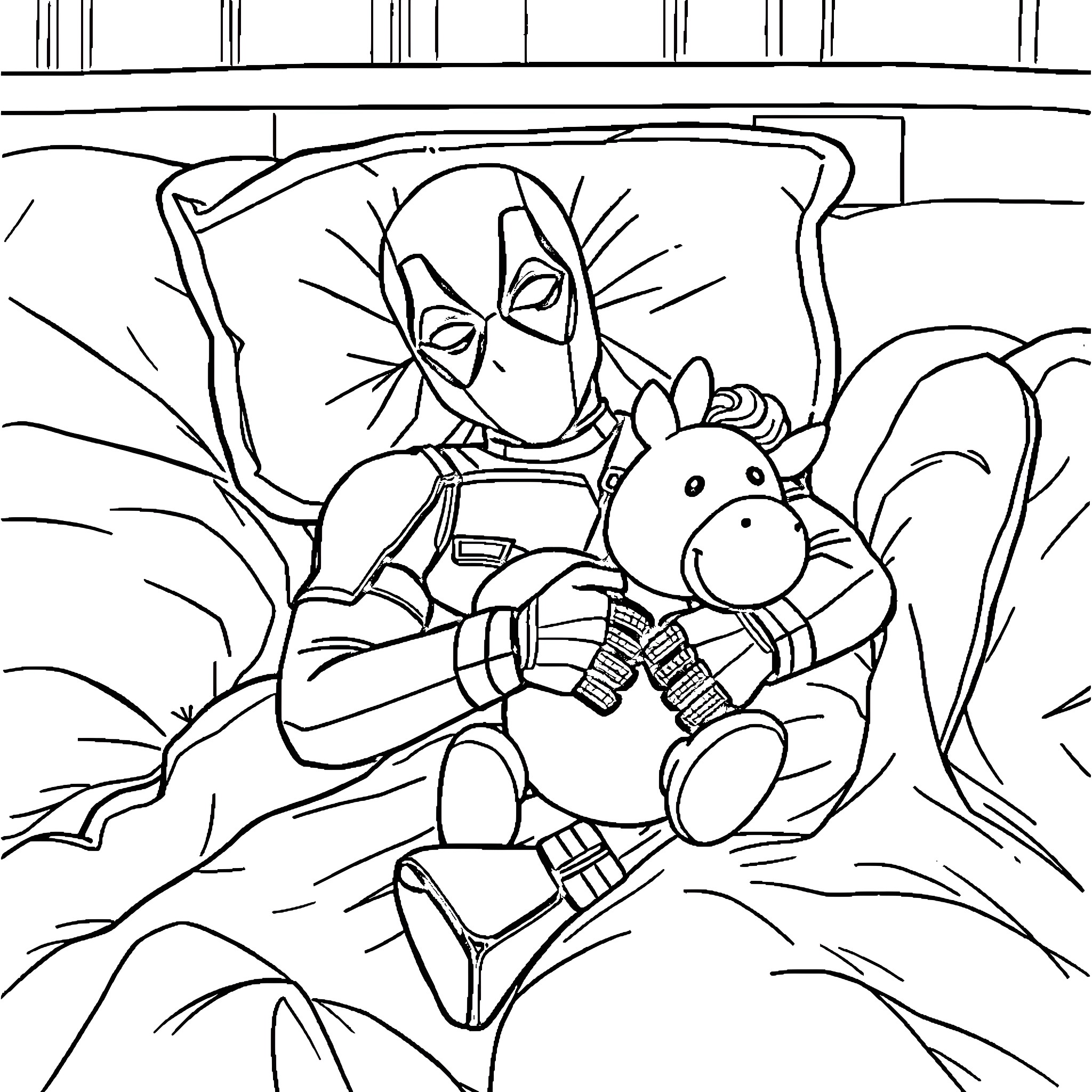 Deadpool playing with a plush toy in a comic-like setting Coloring Page (free black-and-white line drawing printable PDF for all, from beginners to advanced learners, including children, teens, adults, and seniors)