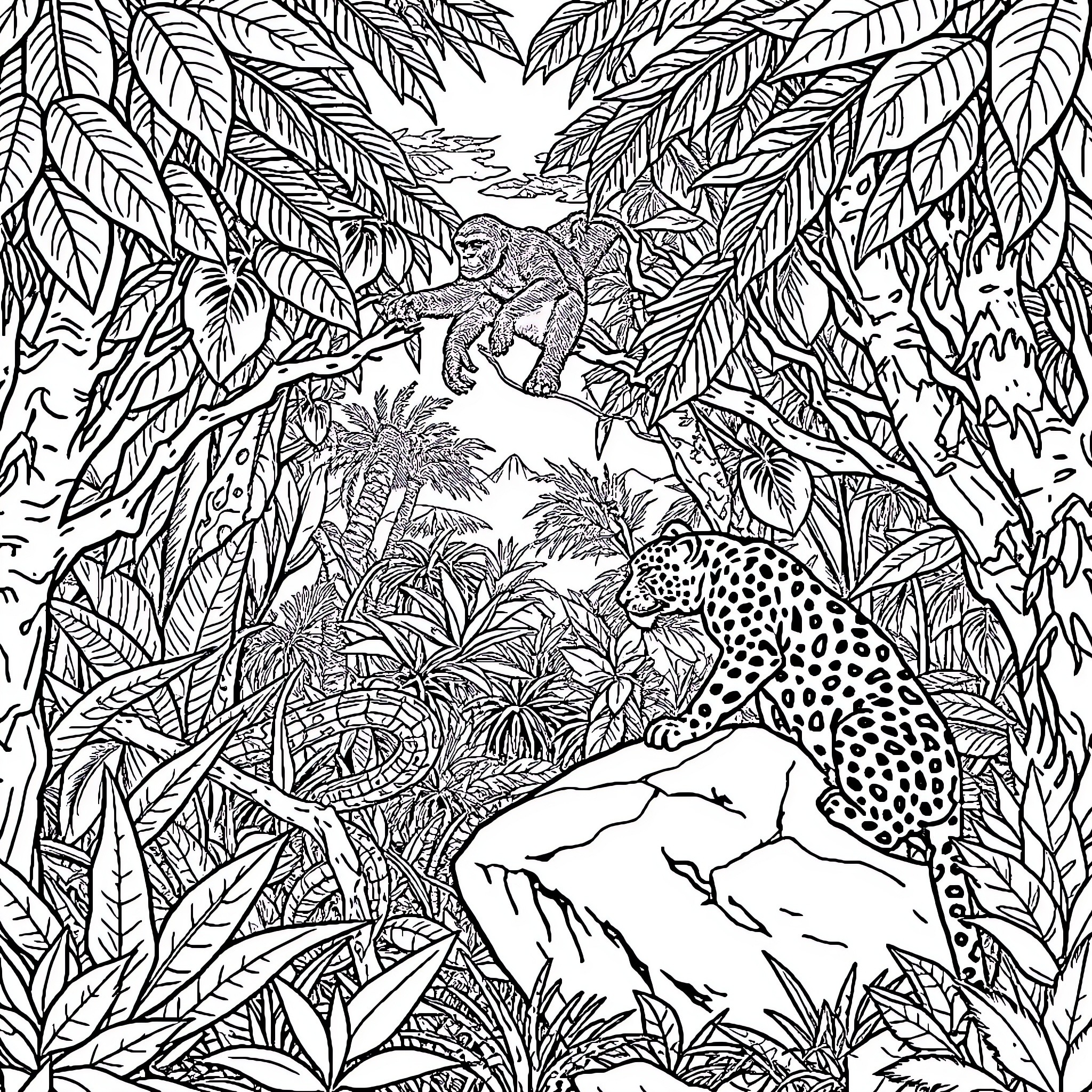 Jungle Scene with Diverse Wildlife Coloring Page (free black-and-white line drawing printable PDF for all, from beginners to advanced learners, including children, teens, adults, and seniors)