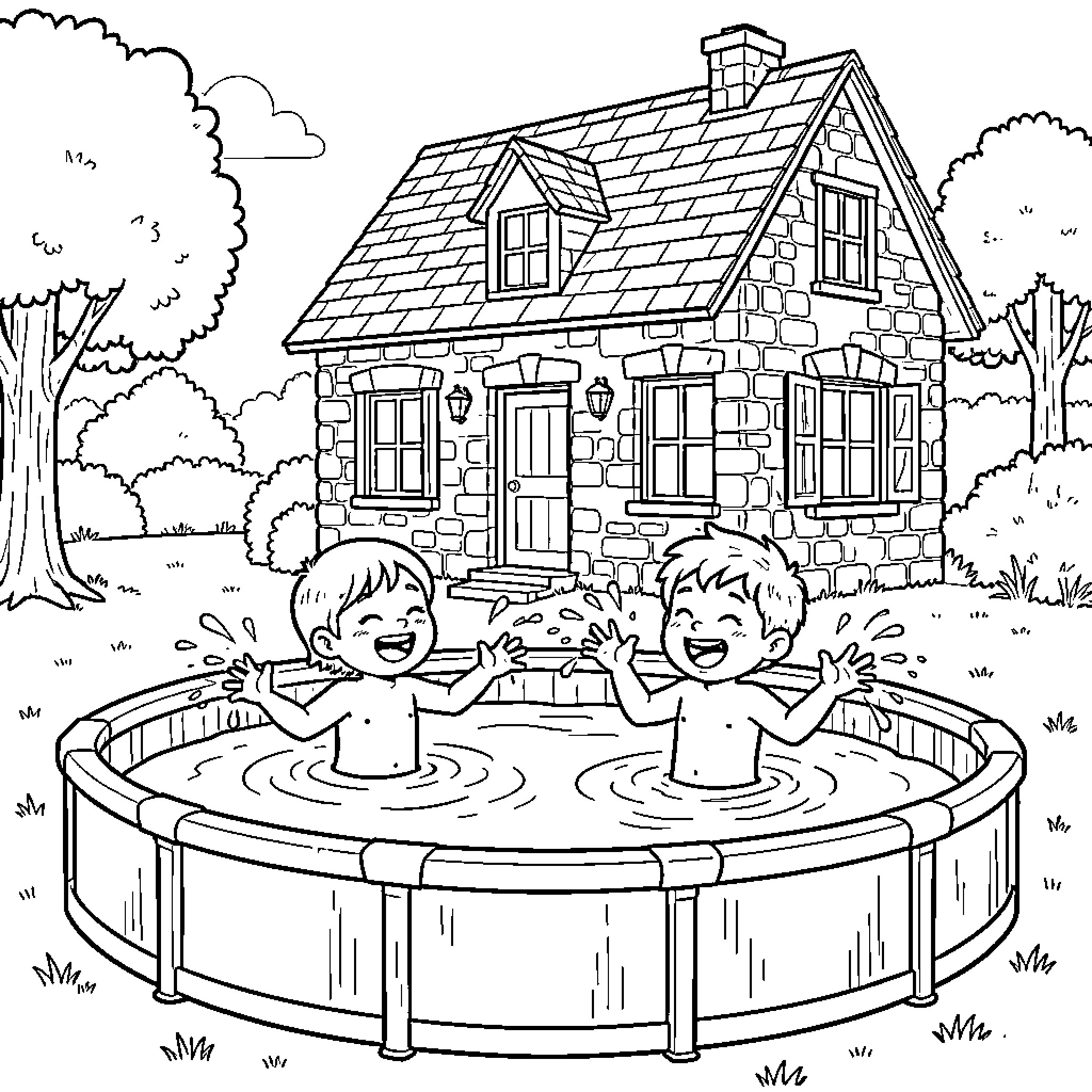 Enfant playing joyfully in a backyard swimming pool Coloring Page (free black-and-white line drawing printable PDF for all, from beginners to advanced learners, including children, teens, adults, and seniors)