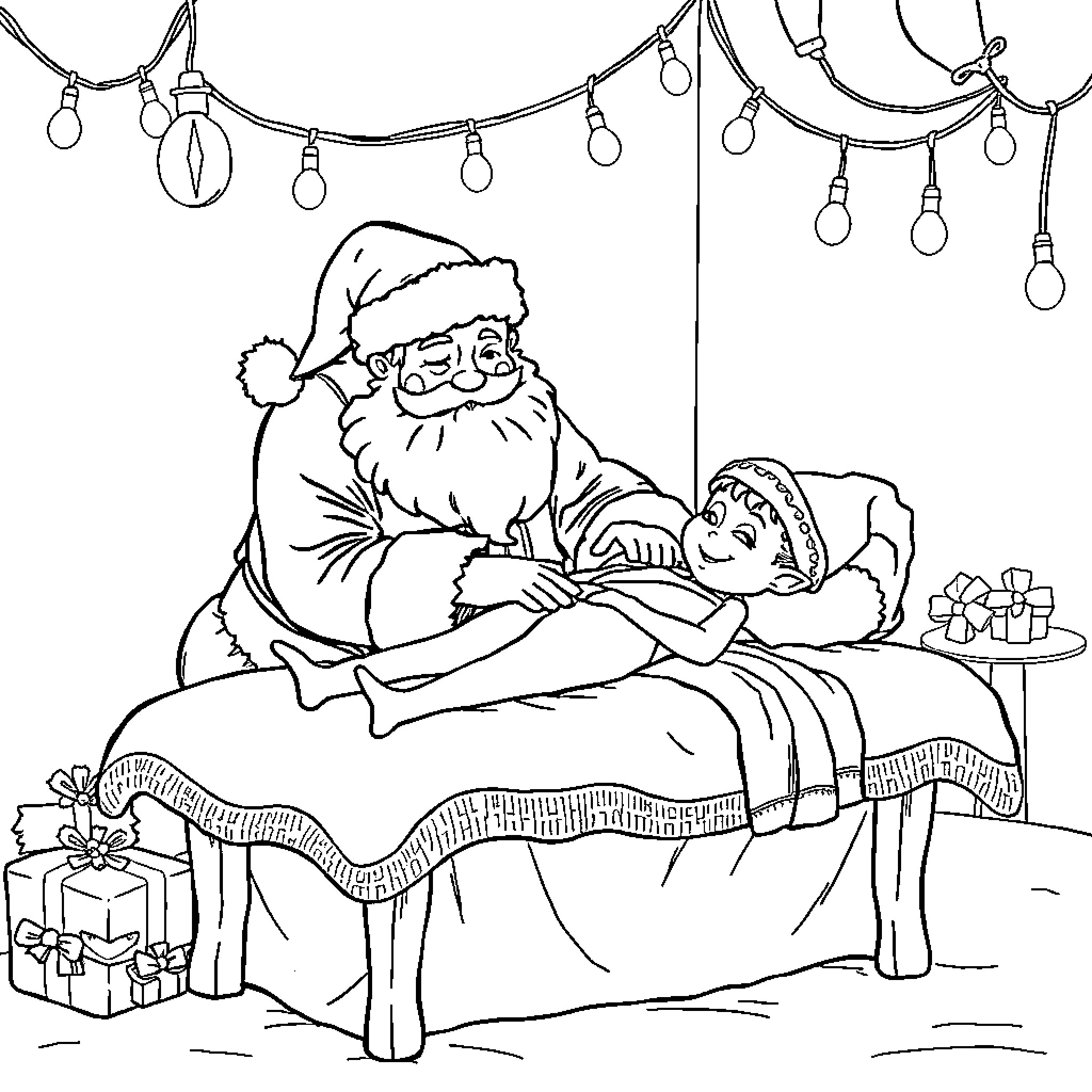 Santa comforting a child on Christmas eve Coloring Page (free black-and-white line drawing printable PDF for all, from beginners to advanced learners, including children, teens, adults, and seniors)