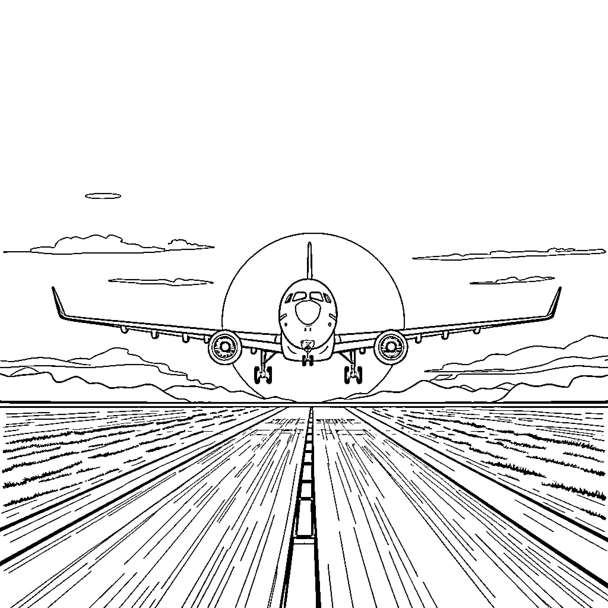 Airplane taking off from the runway Coloring Page (free black-and-white line drawing printable PDF for all, from beginners to advanced learners, including children, teens, adults, and seniors)
